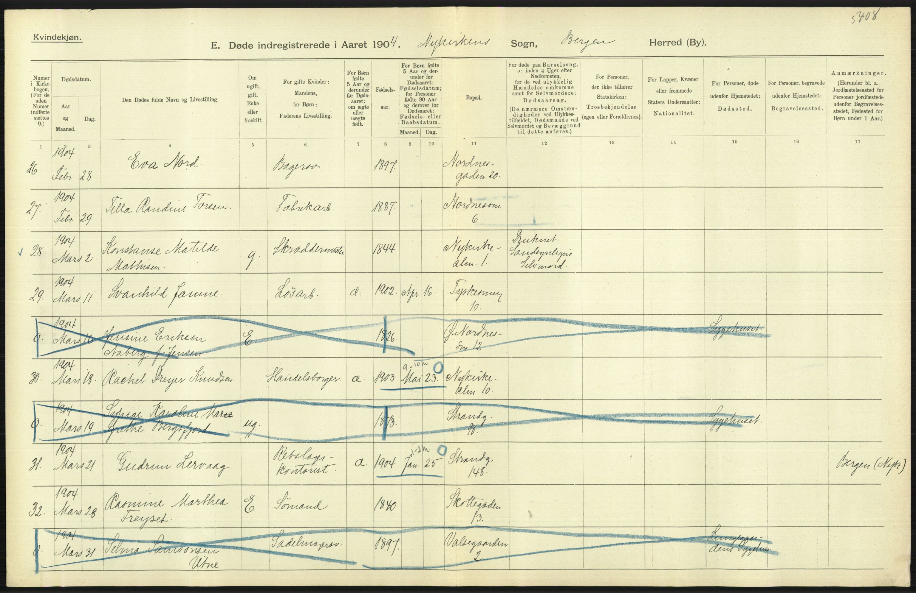 Statistisk sentralbyrå, Sosiodemografiske emner, Befolkning, AV/RA-S-2228/D/Df/Dfa/Dfab/L0014: Bergen: Fødte, gifte, døde, 1904, p. 385