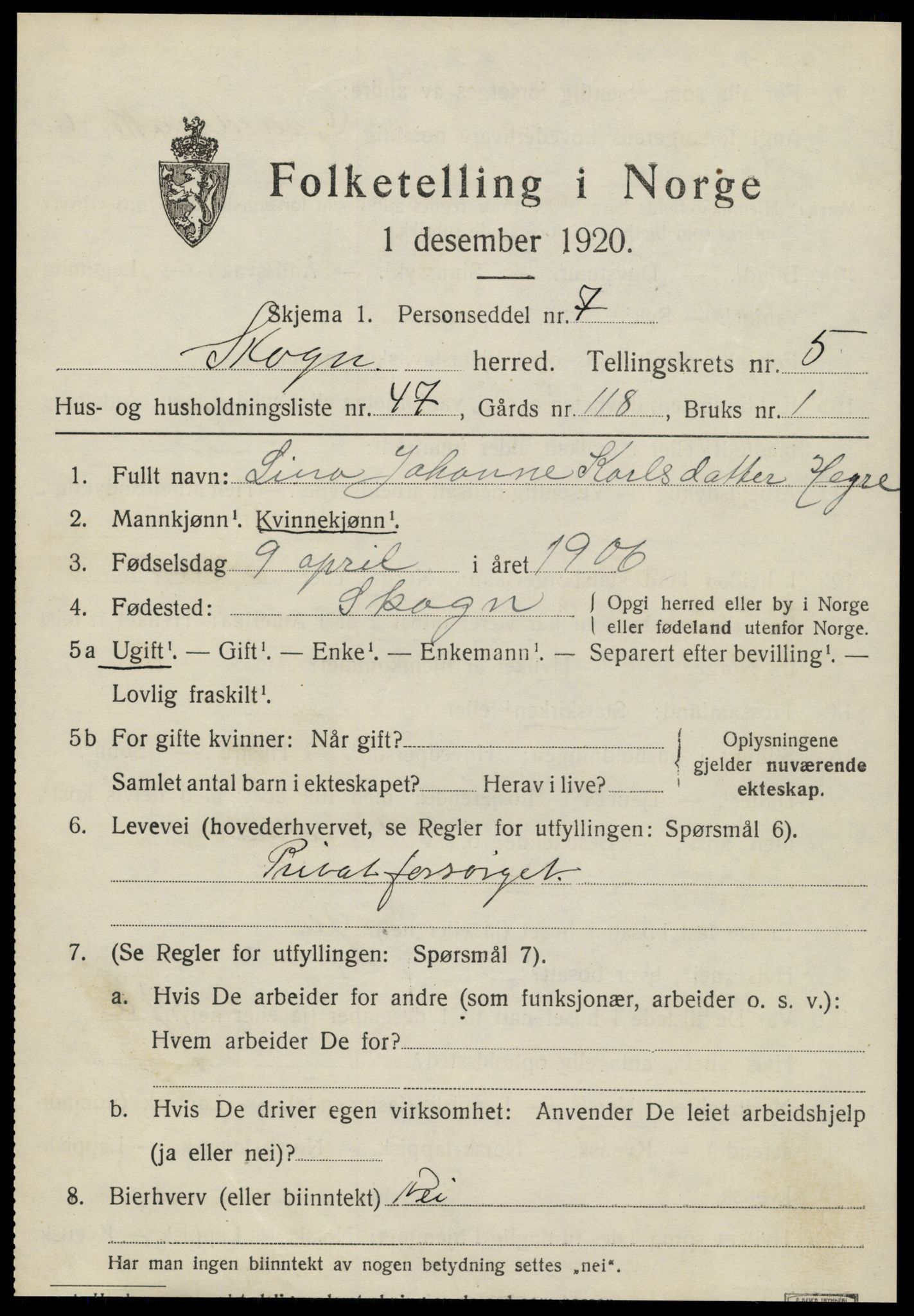 SAT, 1920 census for Skogn, 1920, p. 6993