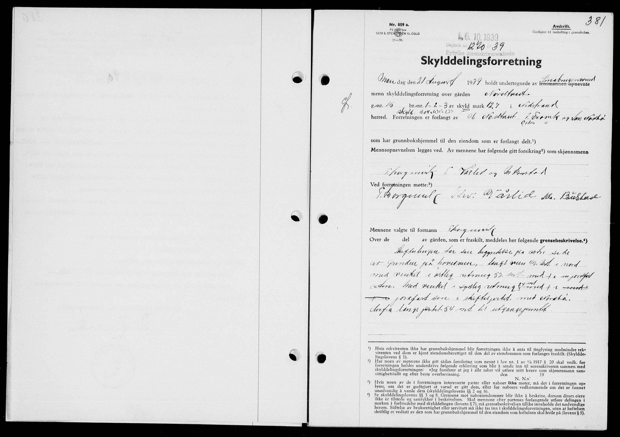 Ryfylke tingrett, AV/SAST-A-100055/001/II/IIB/L0080: Mortgage book no. 59, 1939-1939, Diary no: : 1270/1939