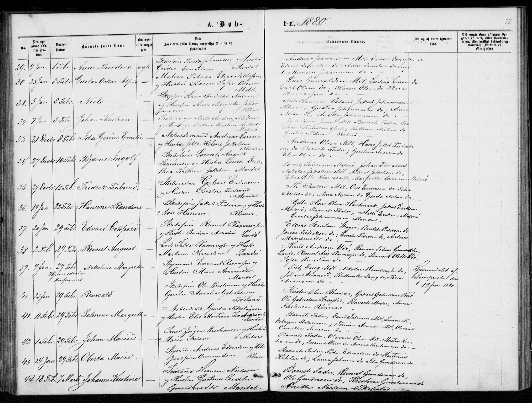 Mandal sokneprestkontor, AV/SAK-1111-0030/F/Fb/Fba/L0010: Parish register (copy) no. B 4, 1876-1880, p. 71