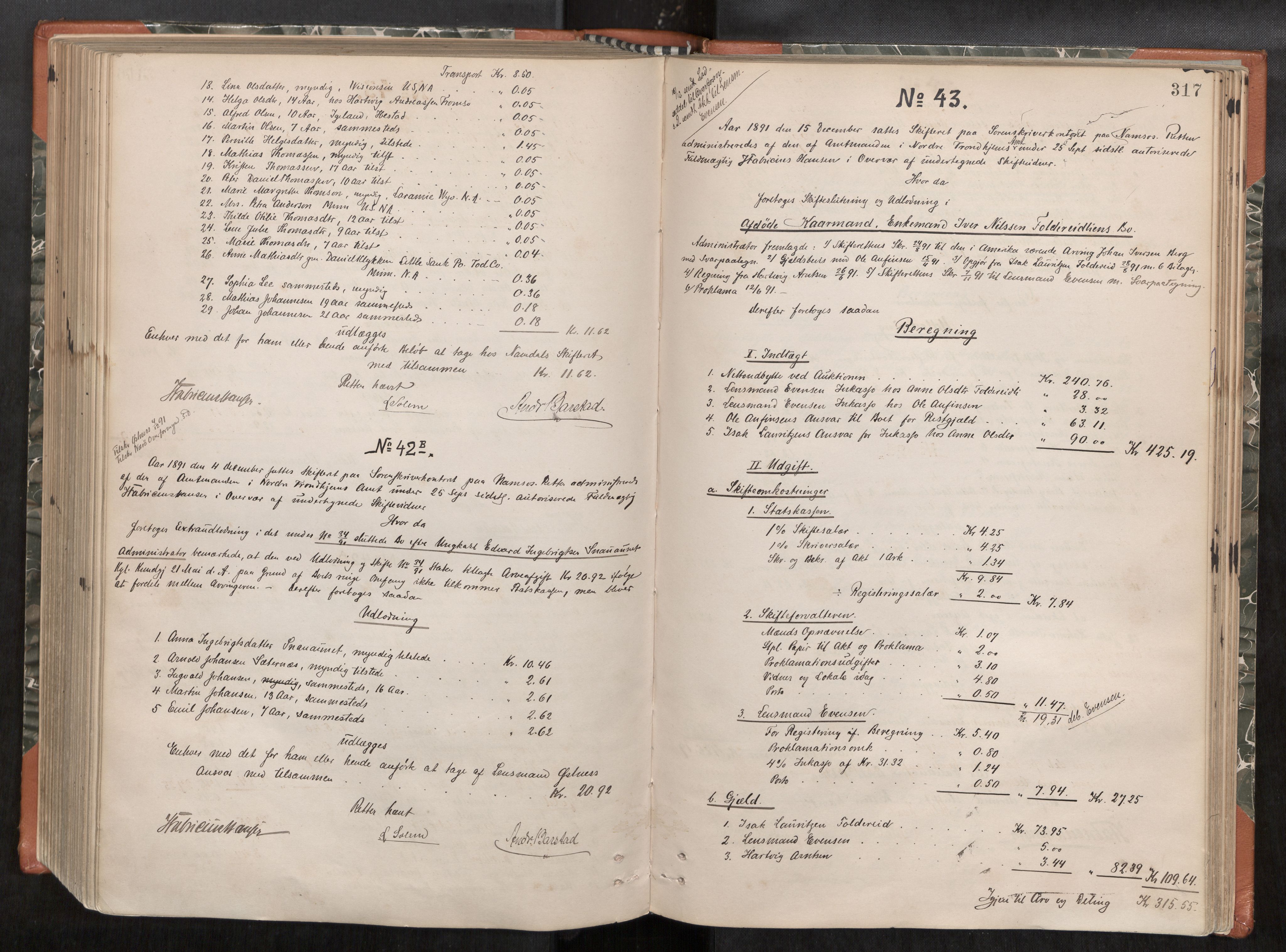 Namdal sorenskriveri, SAT/A-4133/1/3/3A/L0045: Skifteprotokoll nr. 7, 1884-1894, p. 317