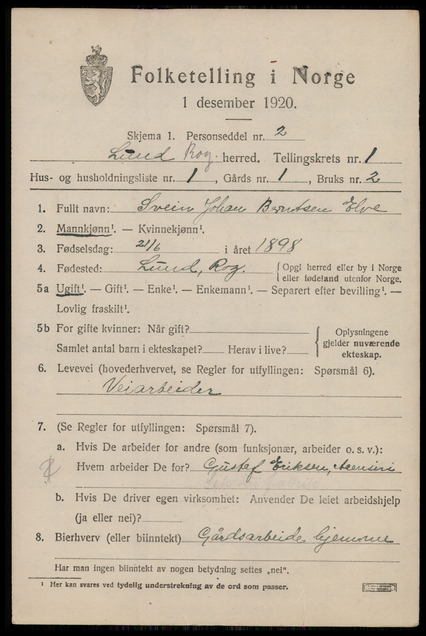 SAST, 1920 census for Lund, 1920, p. 716