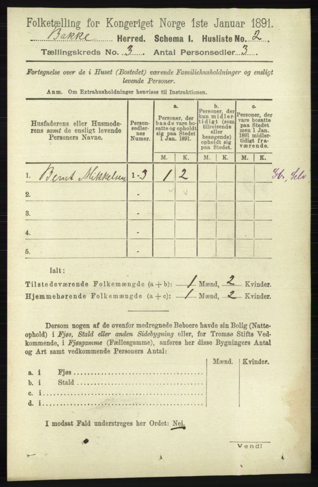 RA, 1891 census for 1045 Bakke, 1891, p. 390