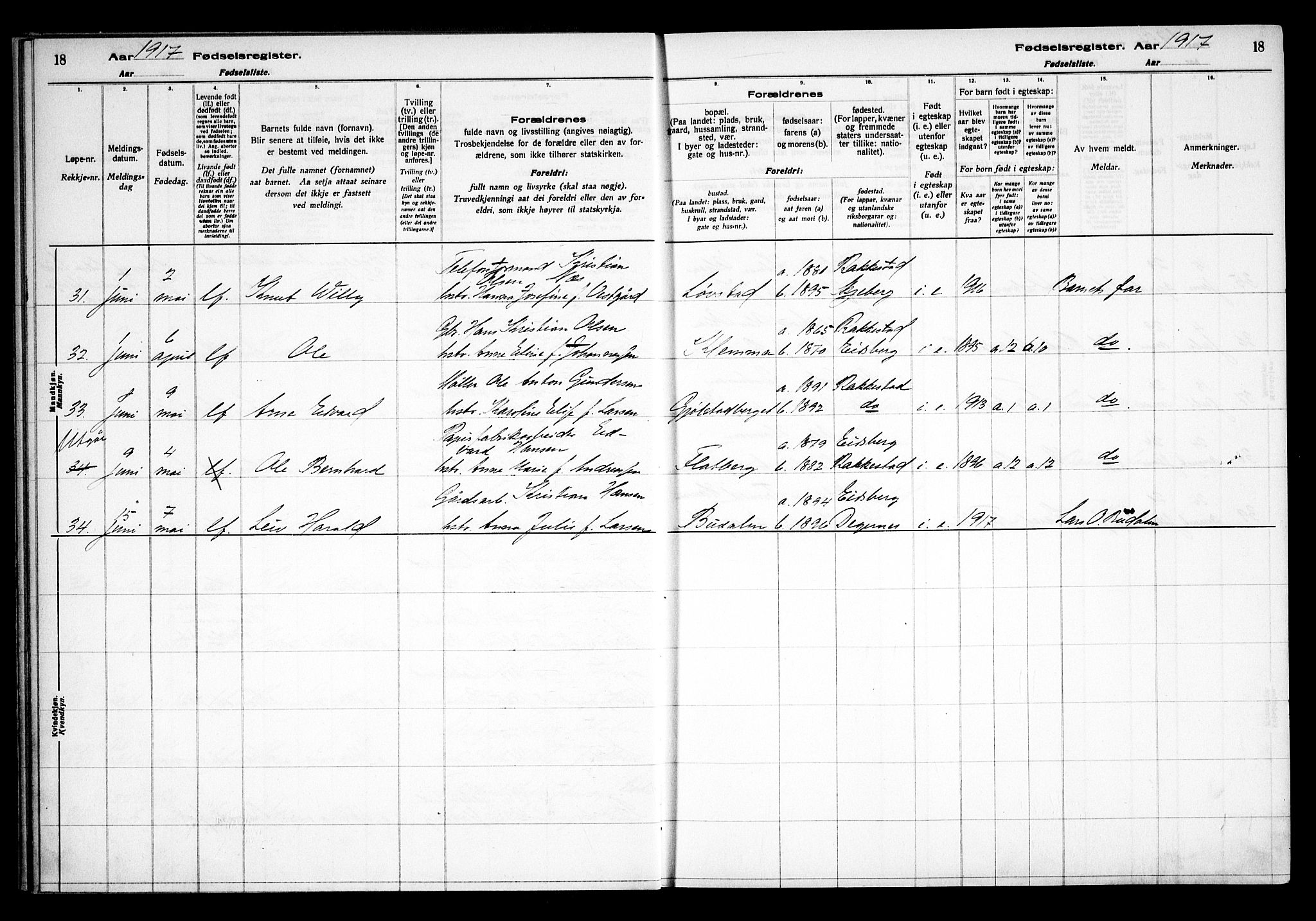 Rakkestad prestekontor Kirkebøker, AV/SAO-A-2008/J/Ja/L0001: Birth register no. I 1, 1916-1936, p. 18