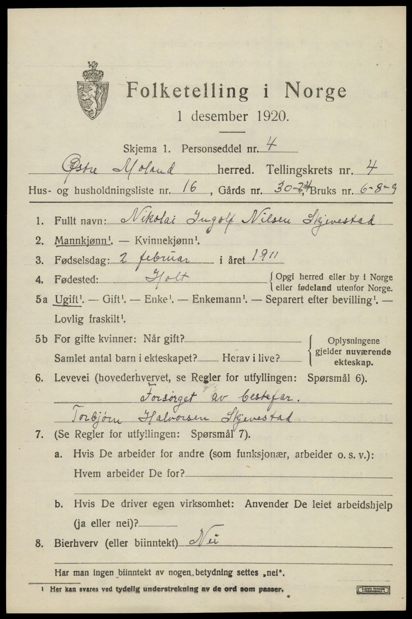 SAK, 1920 census for Austre Moland, 1920, p. 2227