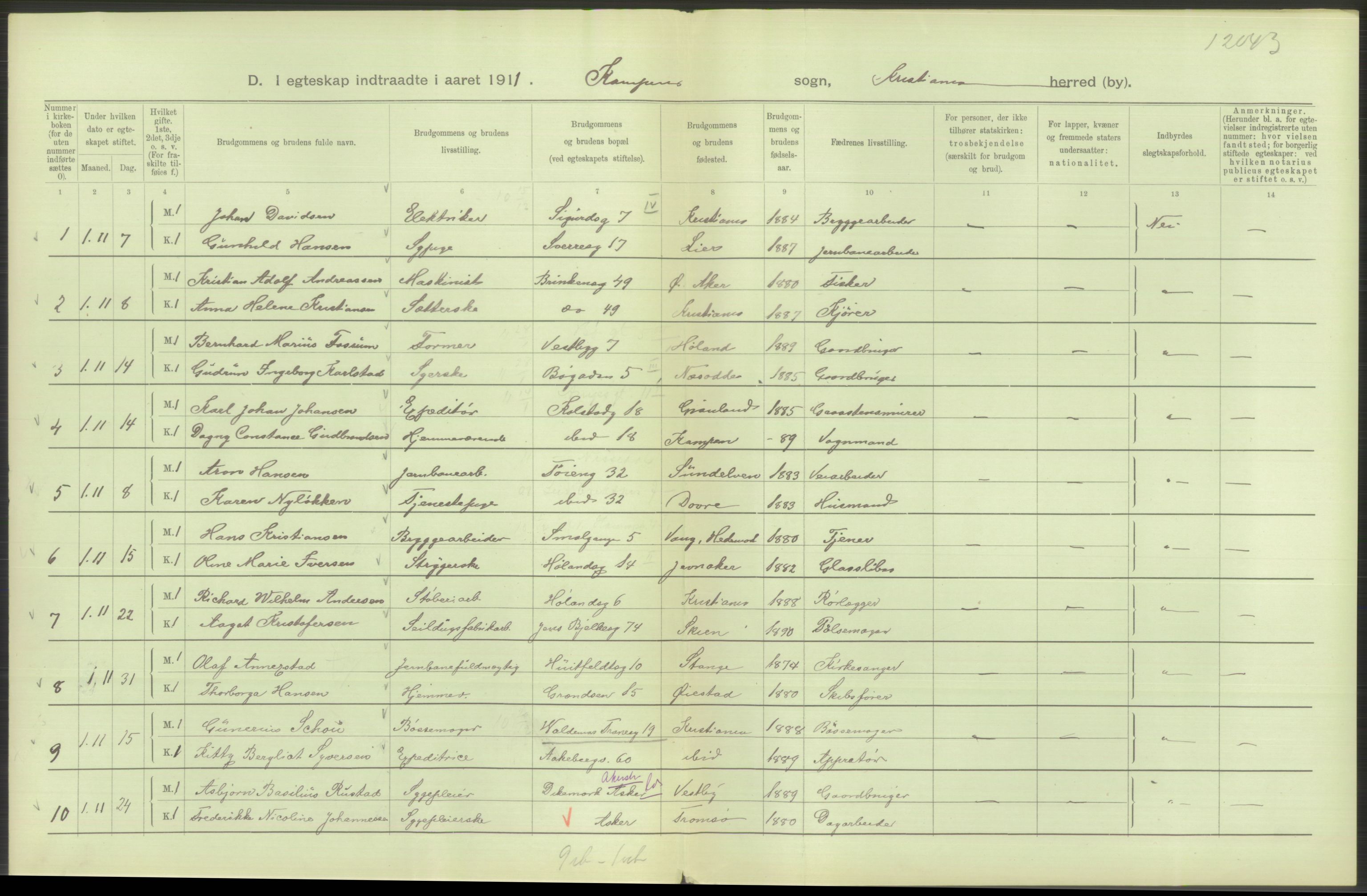 Statistisk sentralbyrå, Sosiodemografiske emner, Befolkning, AV/RA-S-2228/D/Df/Dfb/Dfba/L0008: Kristiania: Gifte, 1911, p. 284