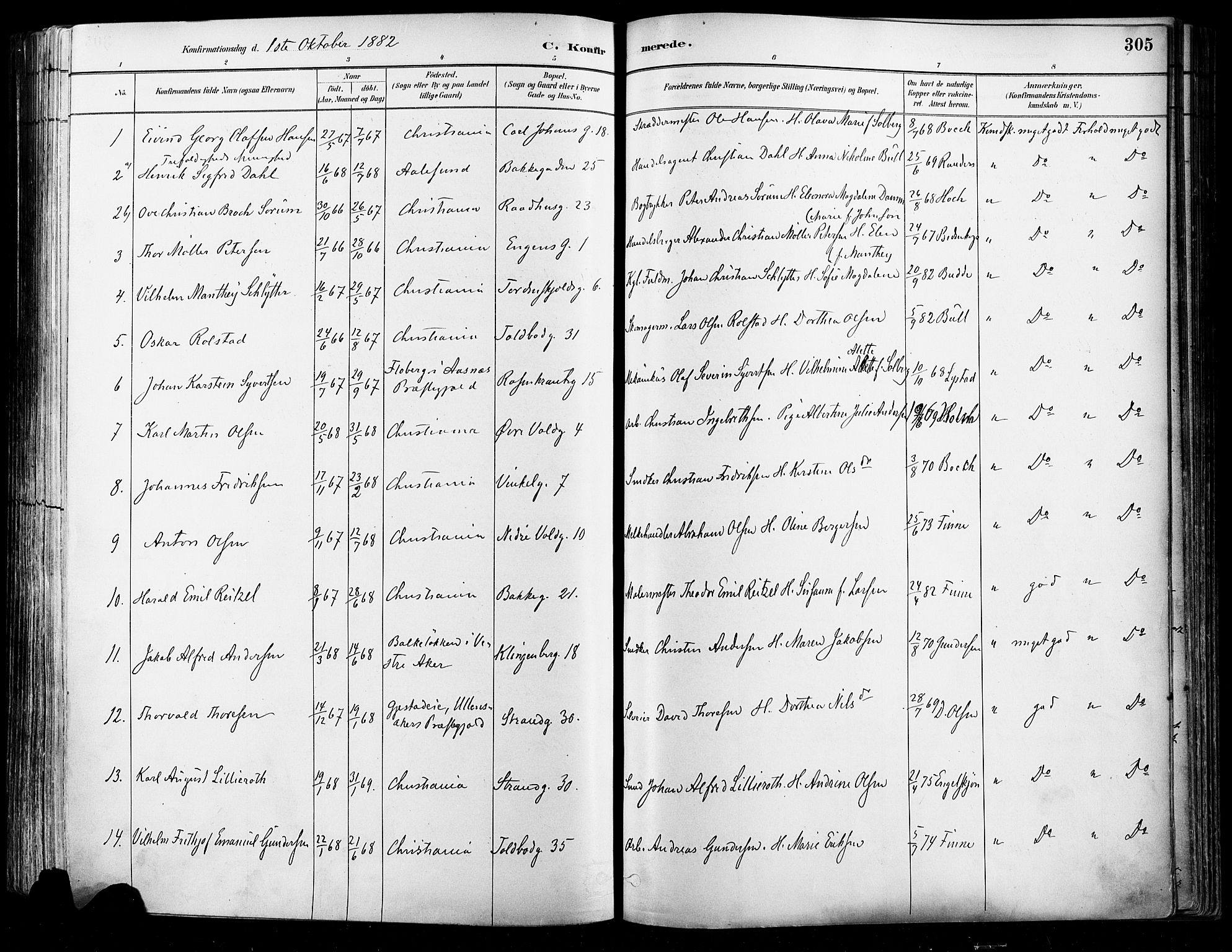Johannes prestekontor Kirkebøker, AV/SAO-A-10852/F/Fa/L0003: Parish register (official) no. 3, 1882-1896, p. 305