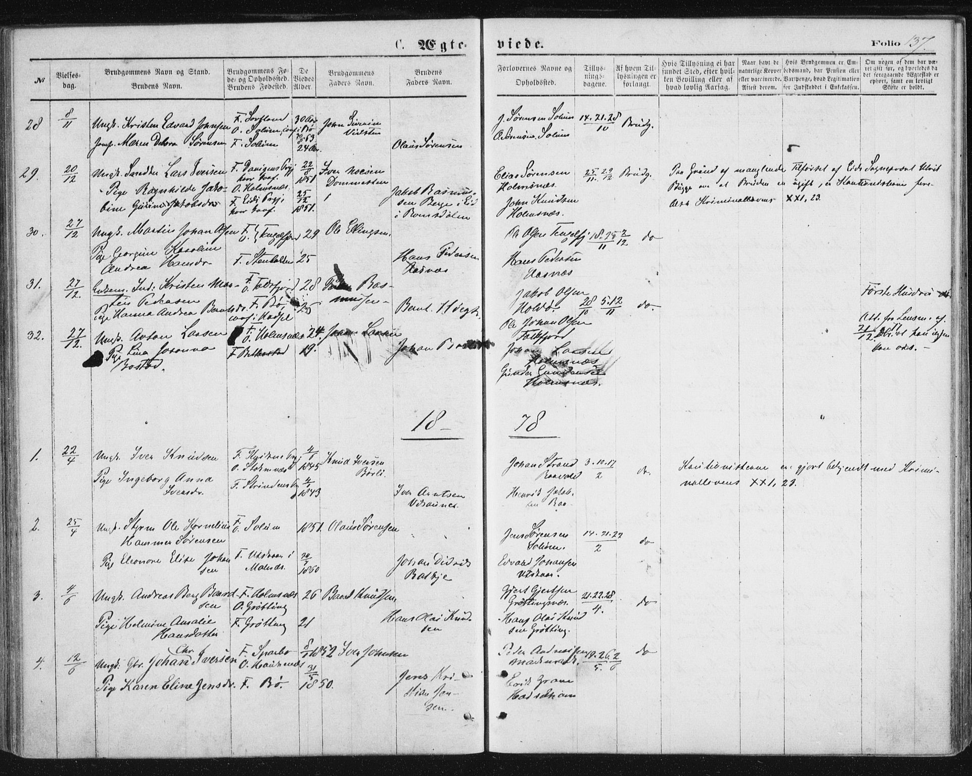 Ministerialprotokoller, klokkerbøker og fødselsregistre - Nordland, AV/SAT-A-1459/888/L1243: Parish register (official) no. 888A09, 1876-1879, p. 137