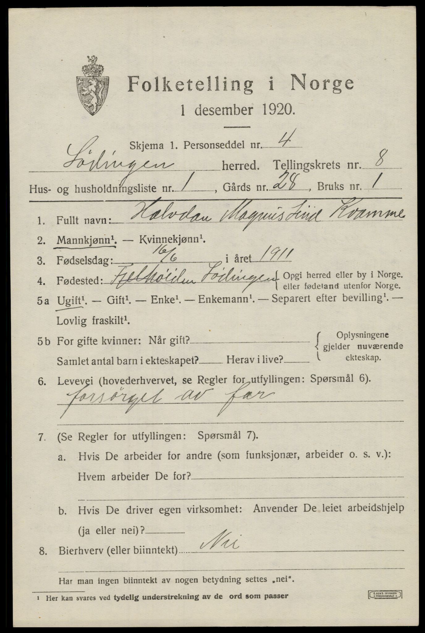 SAT, 1920 census for Lødingen, 1920, p. 5297