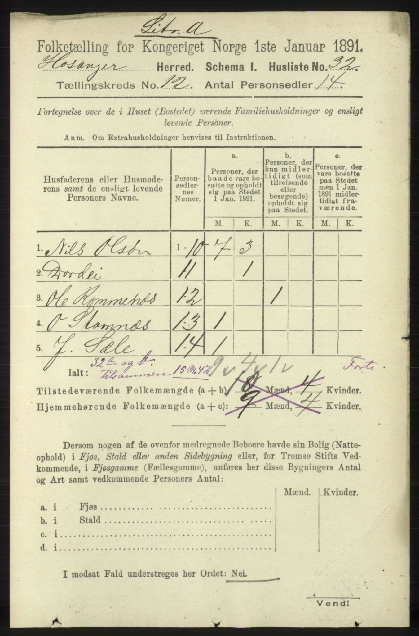 RA, 1891 census for 1253 Hosanger, 1891, p. 3993