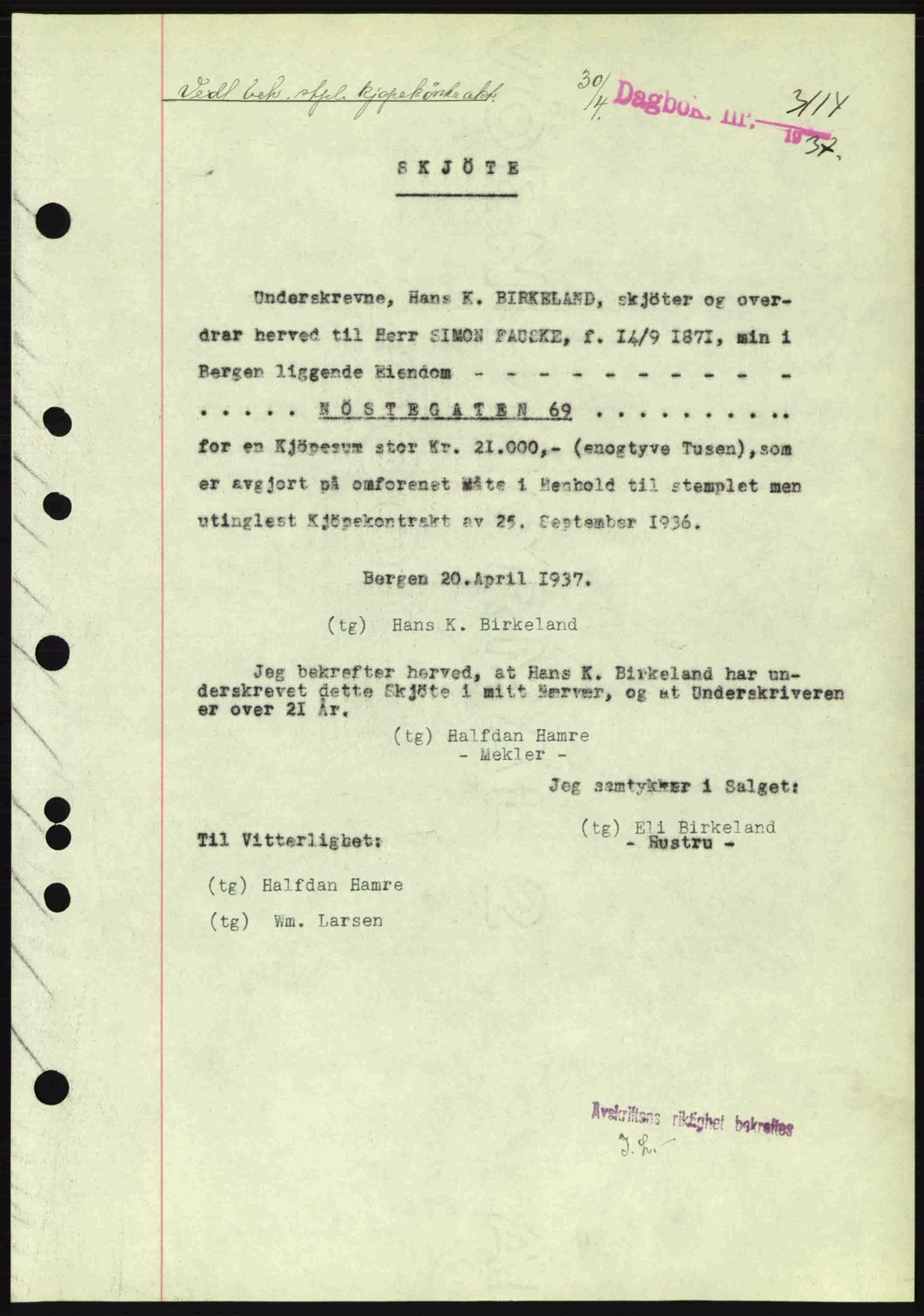 Byfogd og Byskriver i Bergen, SAB/A-3401/03/03Bc/L0004: Mortgage book no. A3-4, 1936-1937, Diary no: : 3114/1937