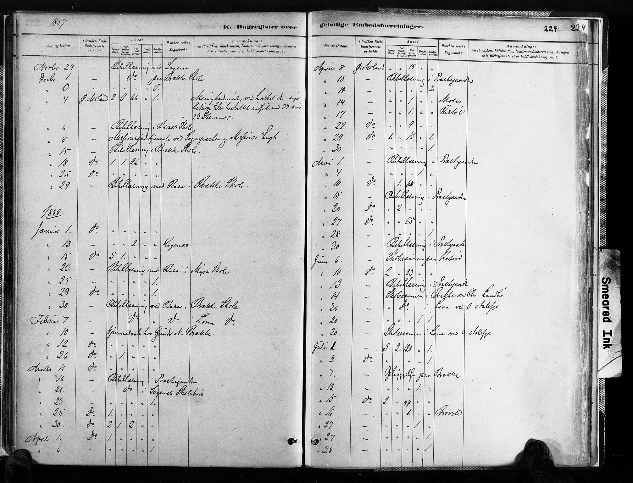 Austre Moland sokneprestkontor, SAK/1111-0001/F/Fa/Faa/L0010: Parish register (official) no. A 10, 1880-1904, p. 224