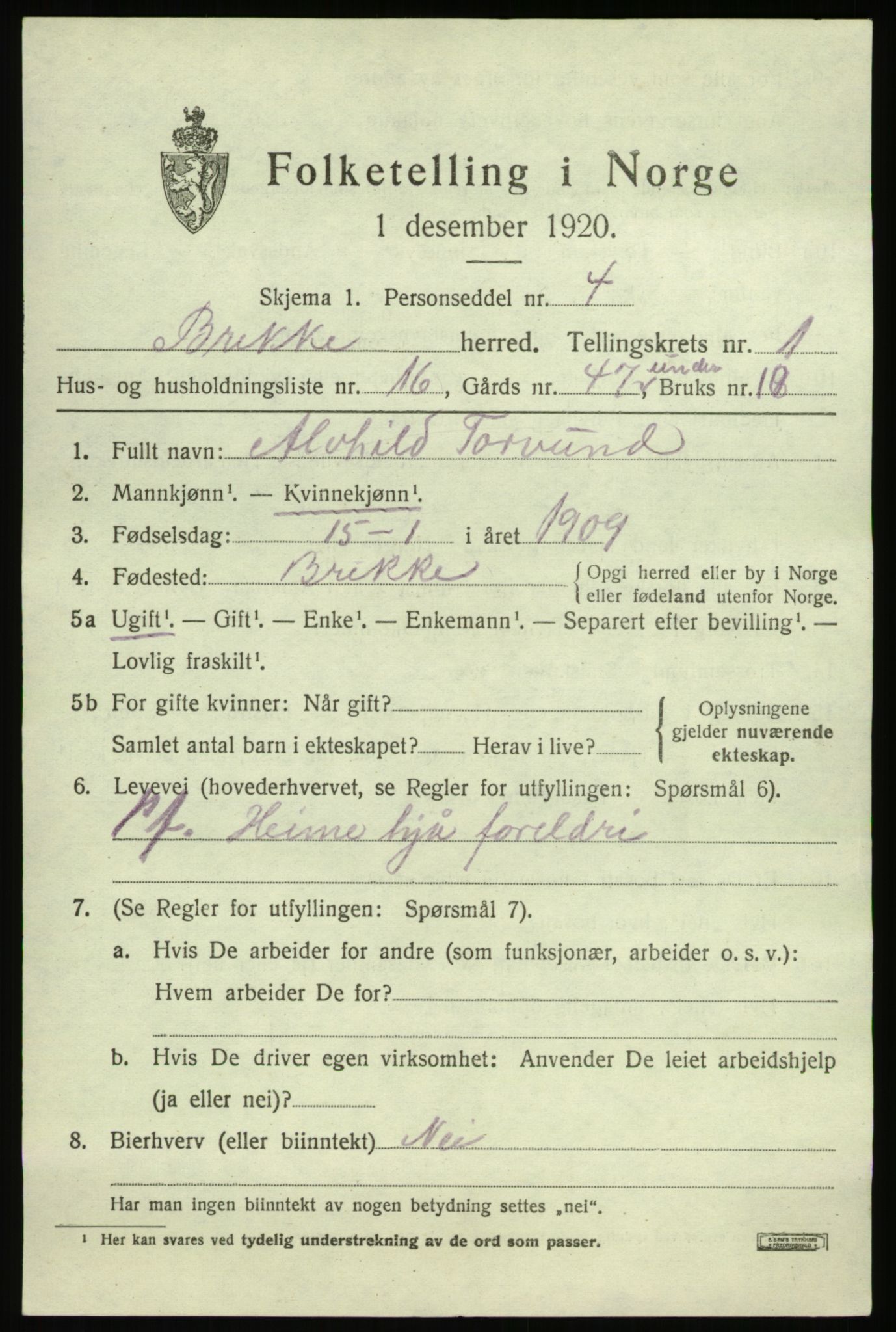 SAB, 1920 census for Brekke, 1920, p. 566