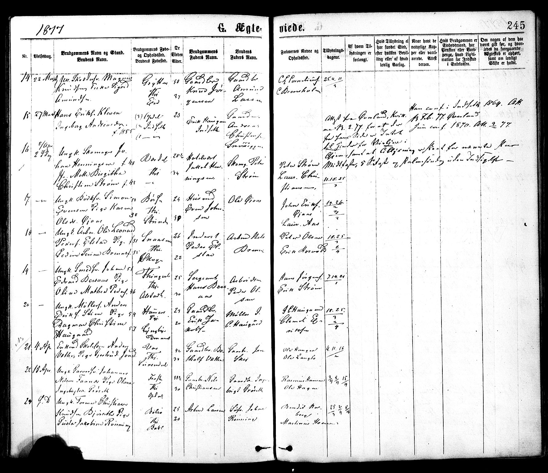 Ministerialprotokoller, klokkerbøker og fødselsregistre - Sør-Trøndelag, AV/SAT-A-1456/602/L0118: Parish register (official) no. 602A16, 1873-1879, p. 245