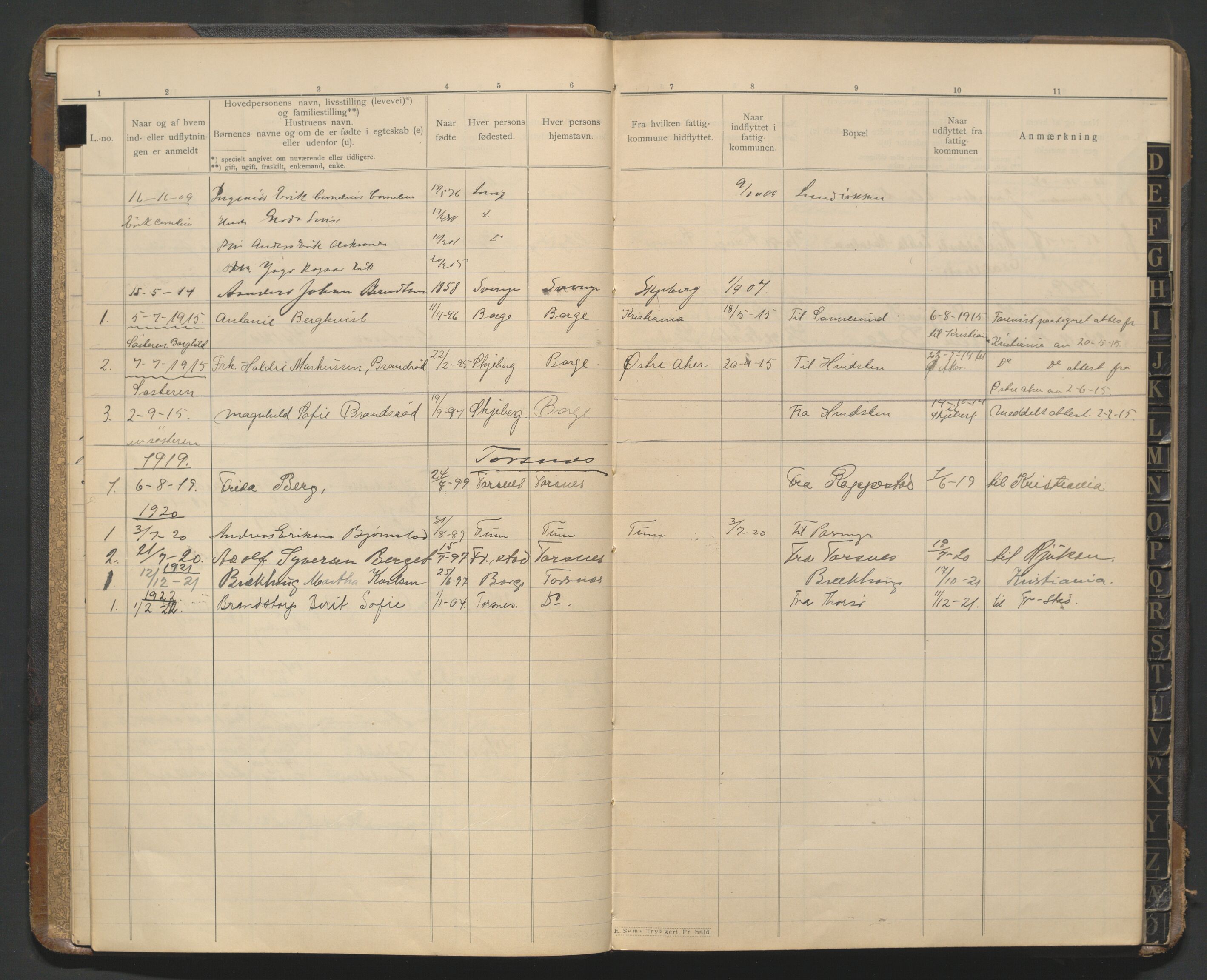 Borge lensmannskontor (Østfold), AV/SAO-A-10176/I/Ia/L0003: Protokoll over inn- og utflyttede i Sannesund fattigkommune (1903-1917) og Torsnes fattigkommune (1917-1922), 1903-1922