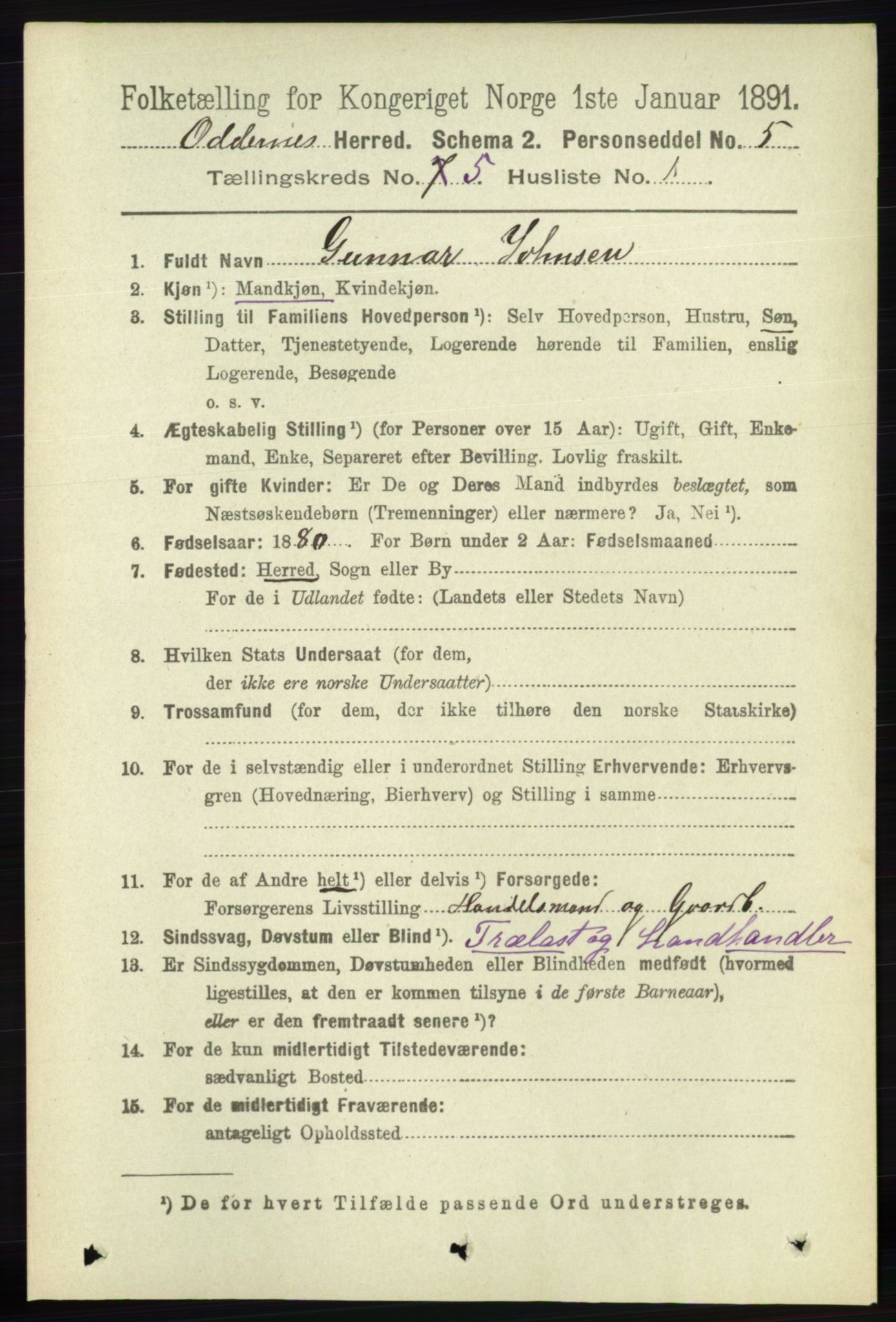 RA, 1891 census for 1012 Oddernes, 1891, p. 1772