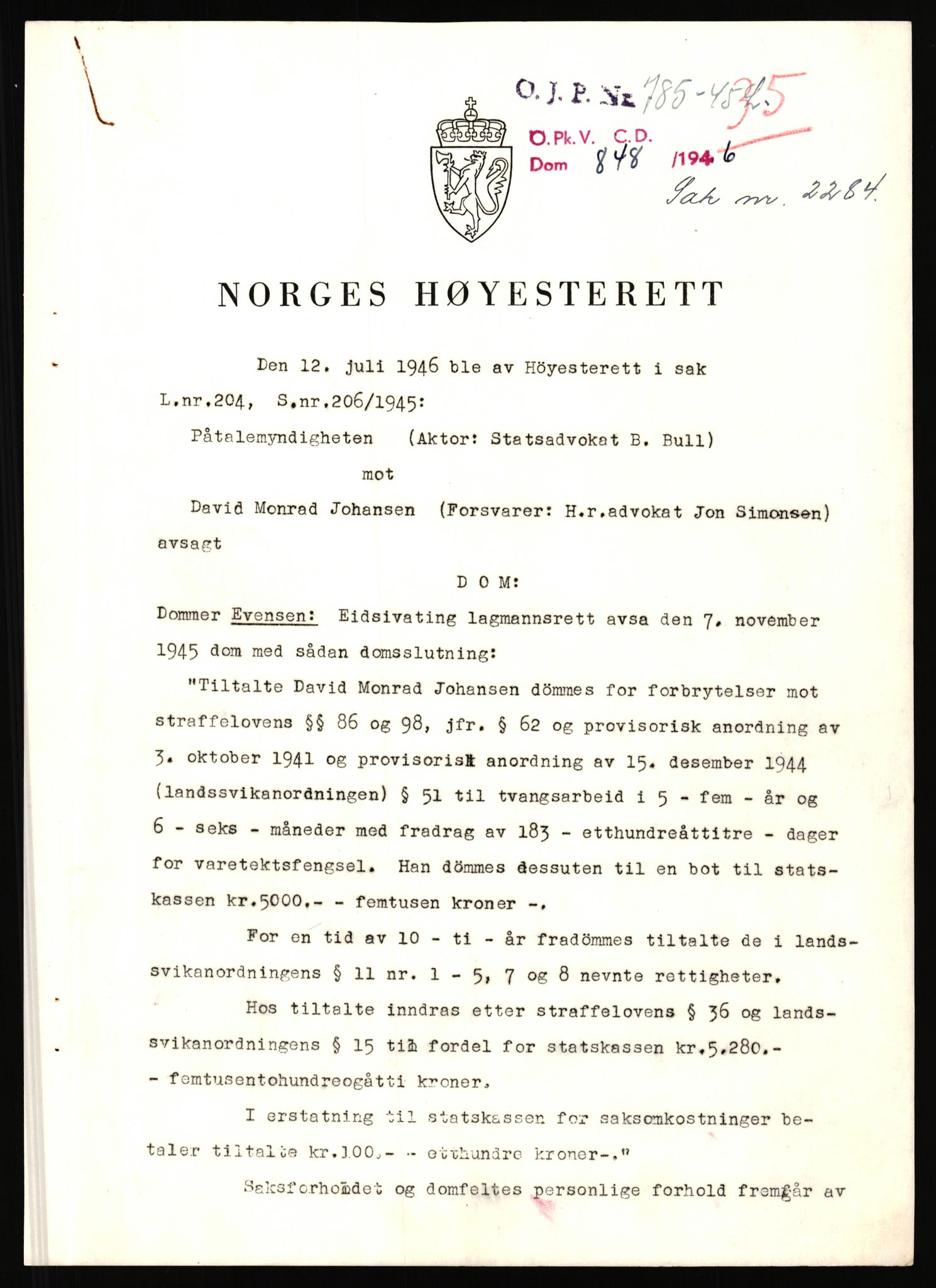 Landssvikarkivet, Oslo politikammer, RA/S-3138-01/D/Da/L0178/0008: Dommer, dnr. 1225 - 1232 / Dnr. 1232, 1945-1948, p. 102