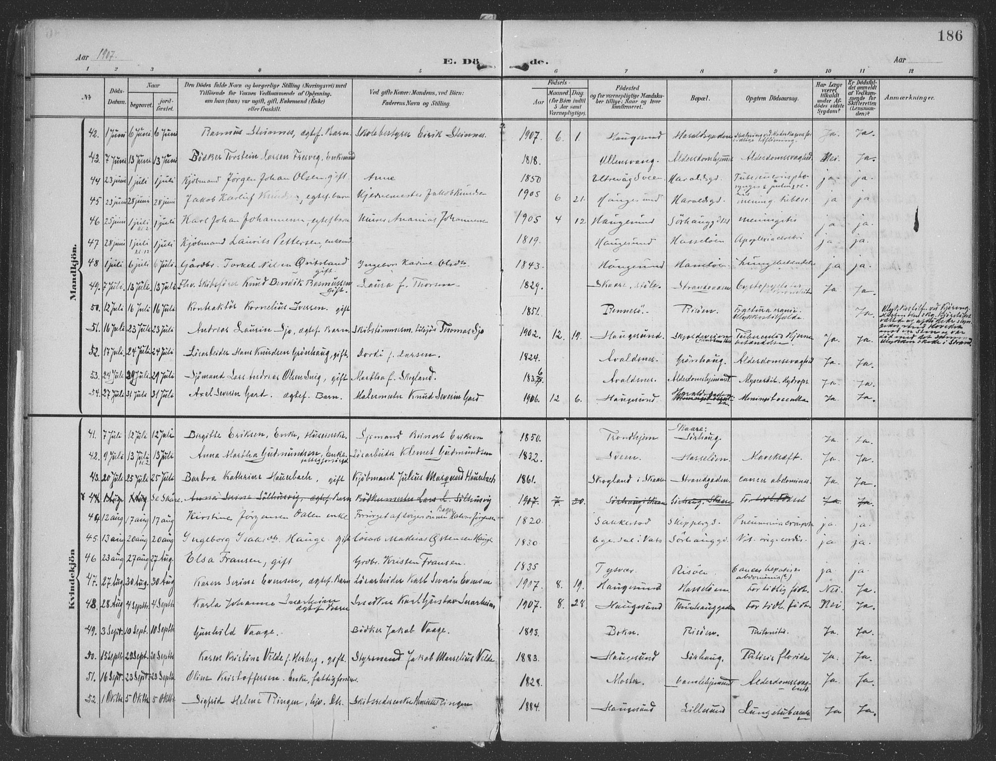 Haugesund sokneprestkontor, SAST/A -101863/H/Ha/Haa/L0007: Parish register (official) no. A 7, 1904-1916, p. 186