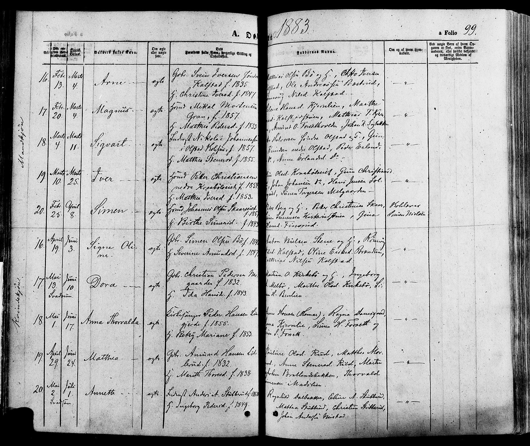 Gausdal prestekontor, AV/SAH-PREST-090/H/Ha/Haa/L0010: Parish register (official) no. 10, 1867-1886, p. 99