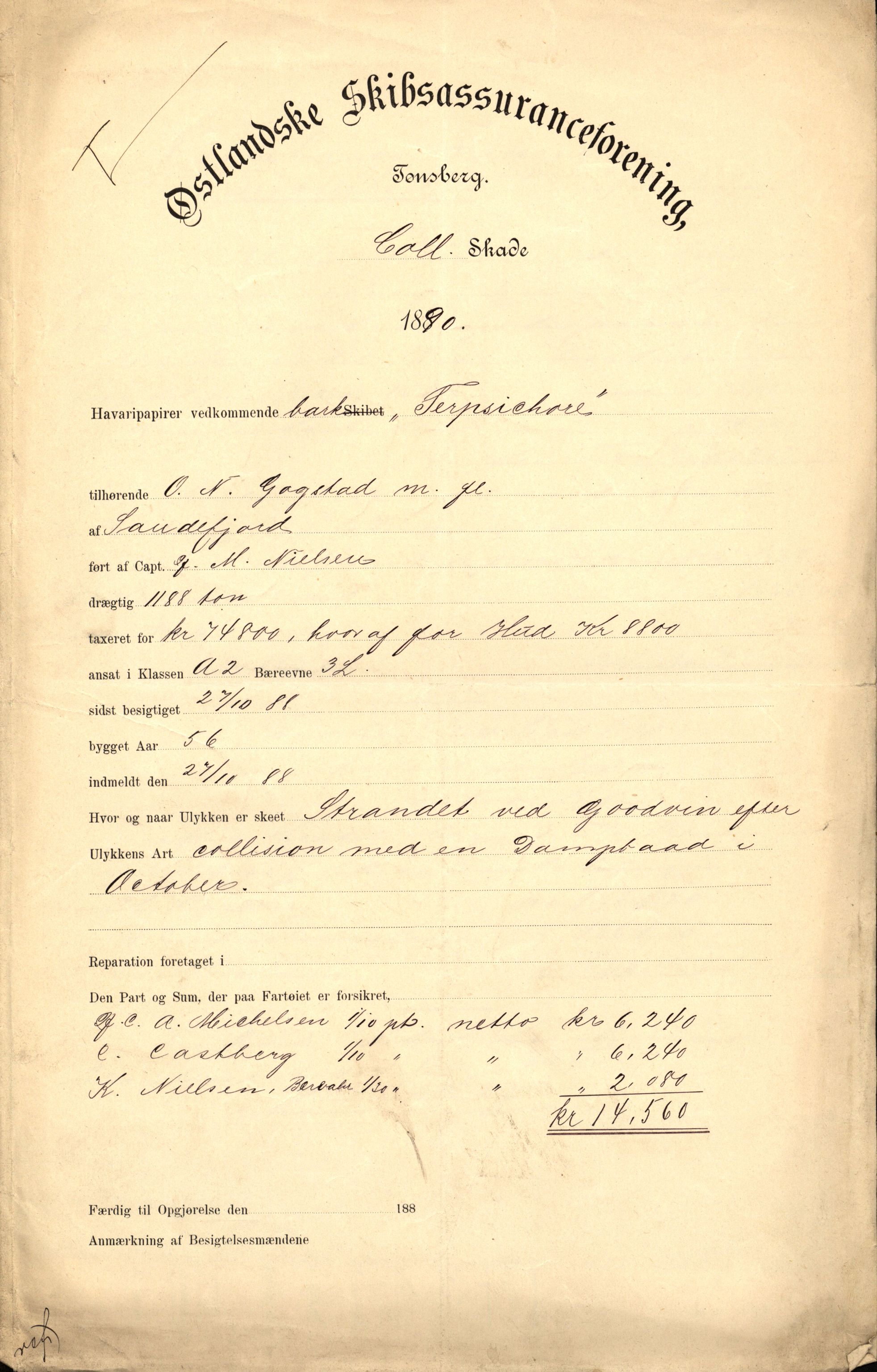 Pa 63 - Østlandske skibsassuranceforening, VEMU/A-1079/G/Ga/L0025/0007: Havaridokumenter / Terpsichore, Terra, Nova, 1890, p. 1