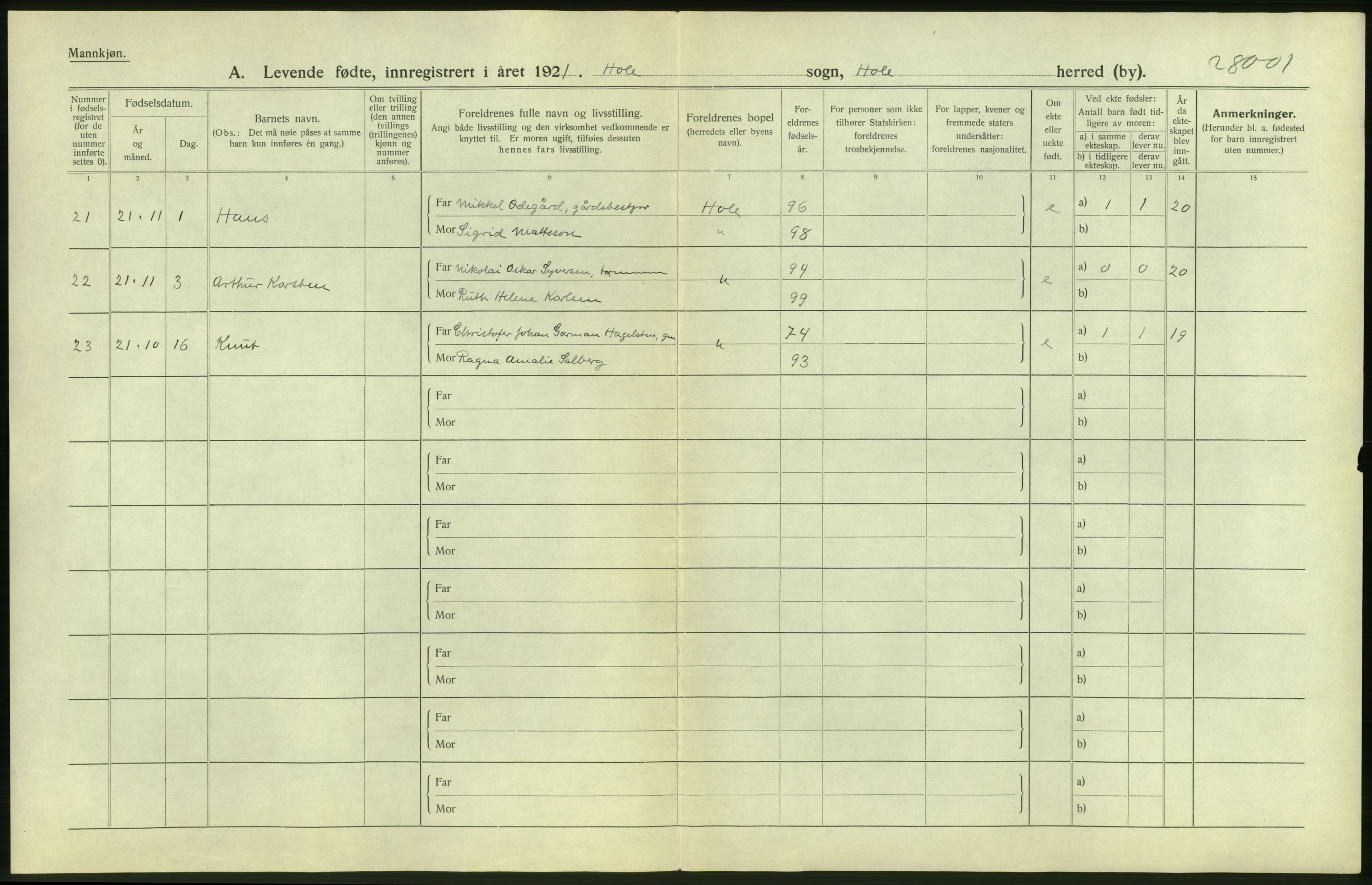 Statistisk sentralbyrå, Sosiodemografiske emner, Befolkning, AV/RA-S-2228/D/Df/Dfc/Dfca/L0018: Buskerud fylke: Levendefødte menn og kvinner. Bygder., 1921, p. 2