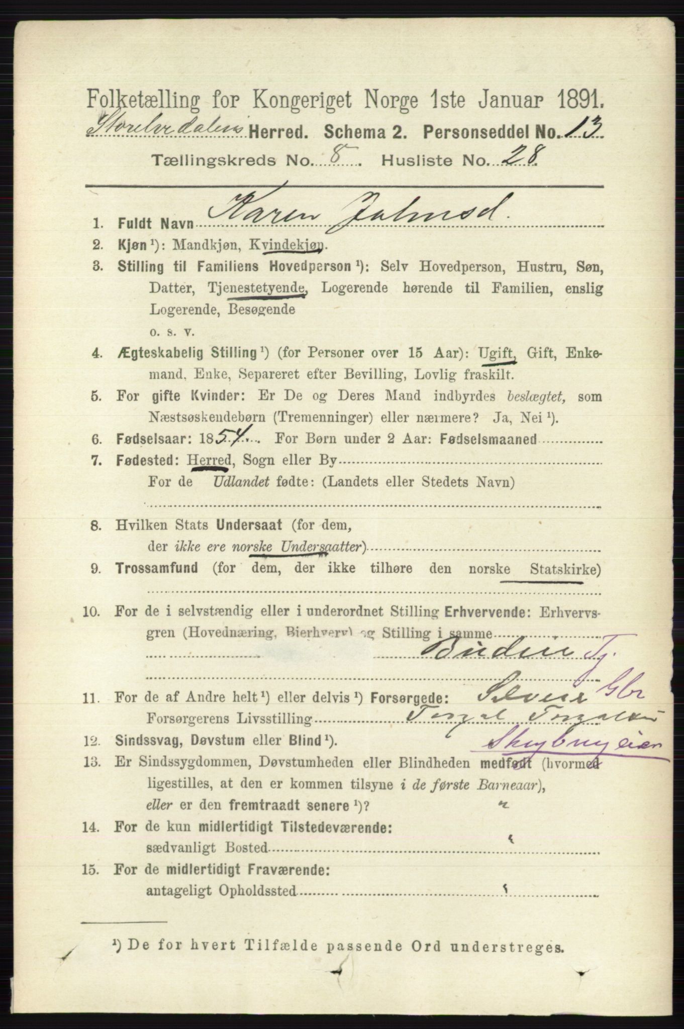 RA, 1891 census for 0430 Stor-Elvdal, 1891, p. 3649