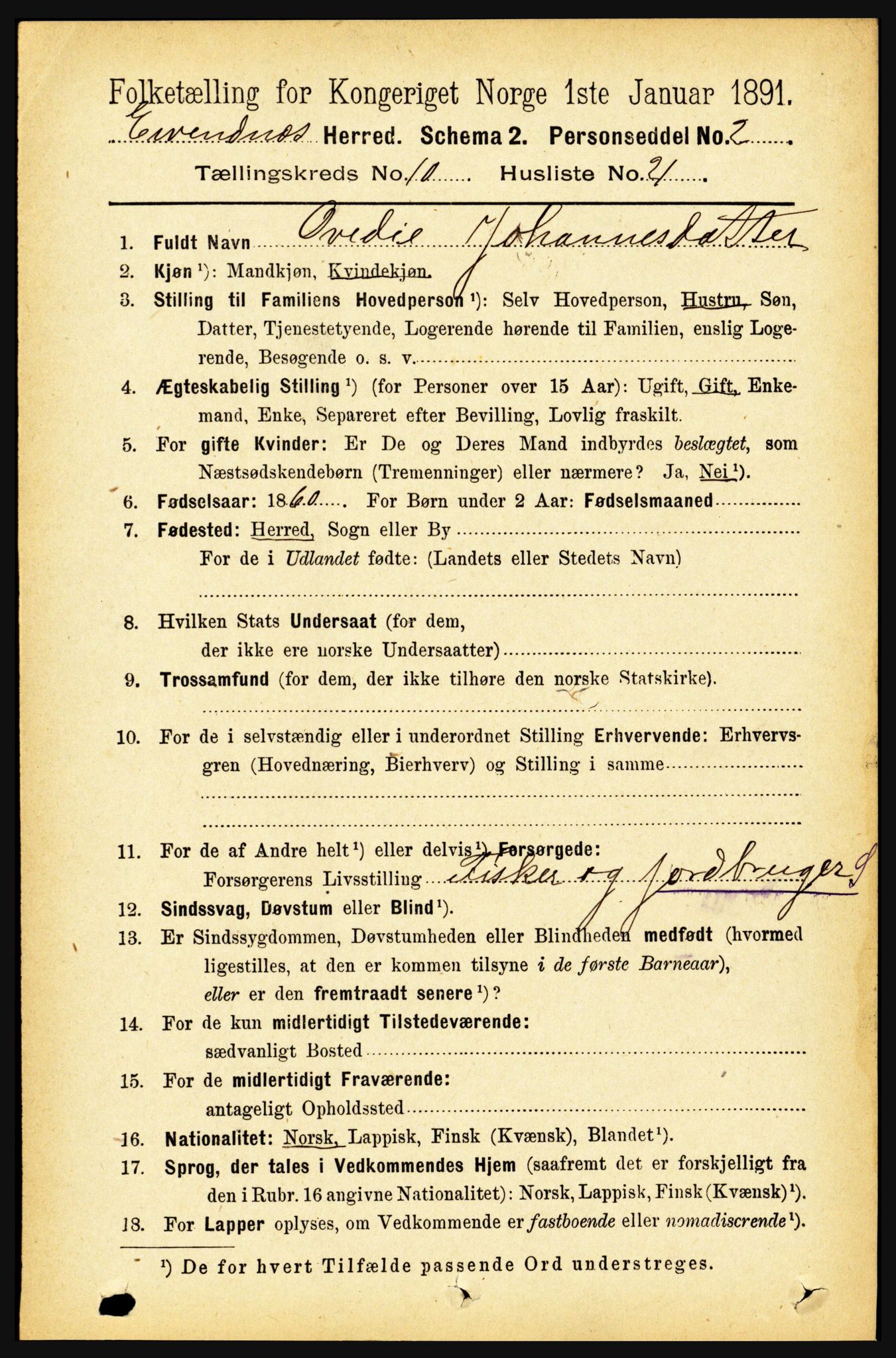 RA, 1891 census for 1853 Evenes, 1891, p. 3286