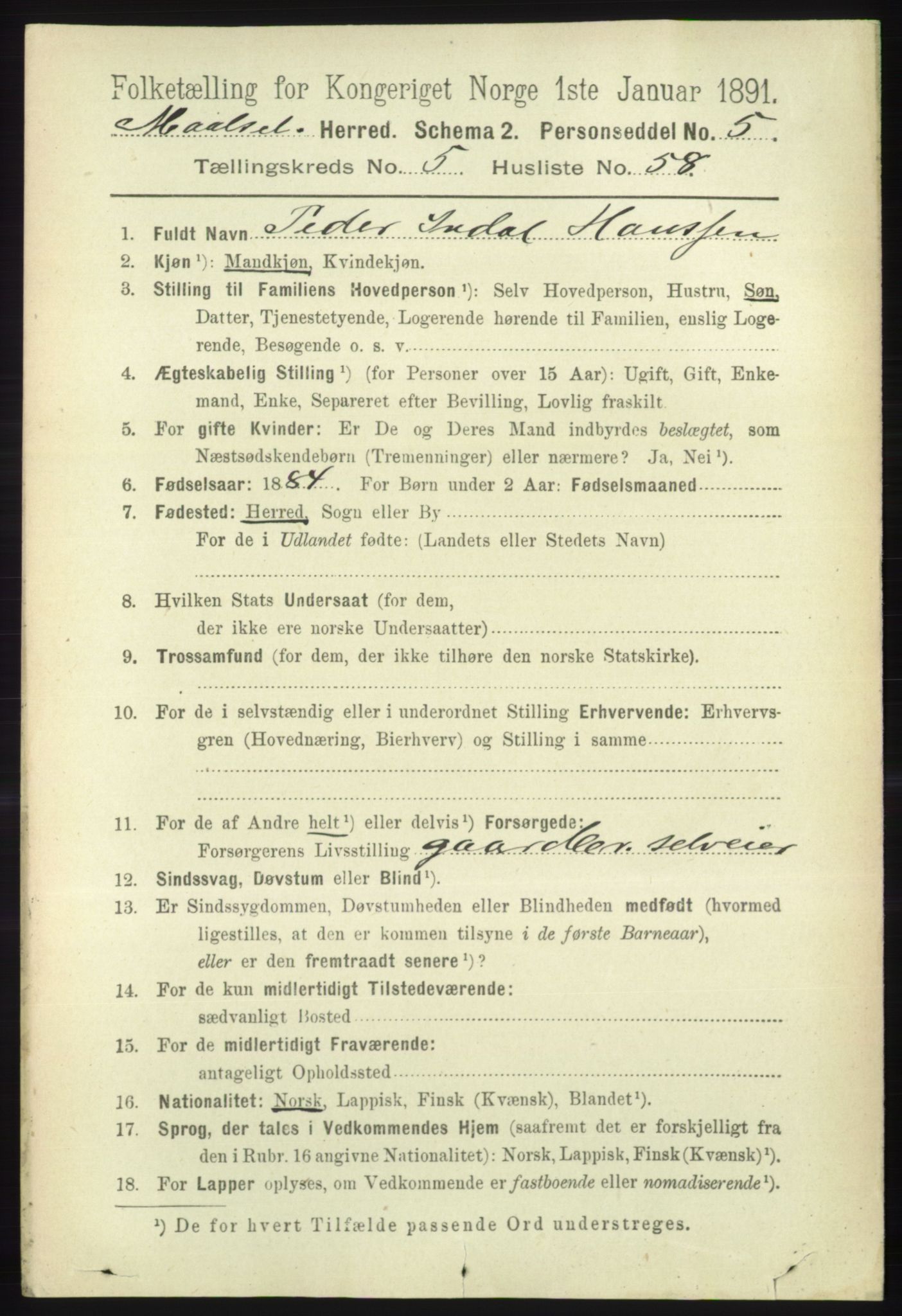 RA, 1891 census for 1924 Målselv, 1891, p. 2003