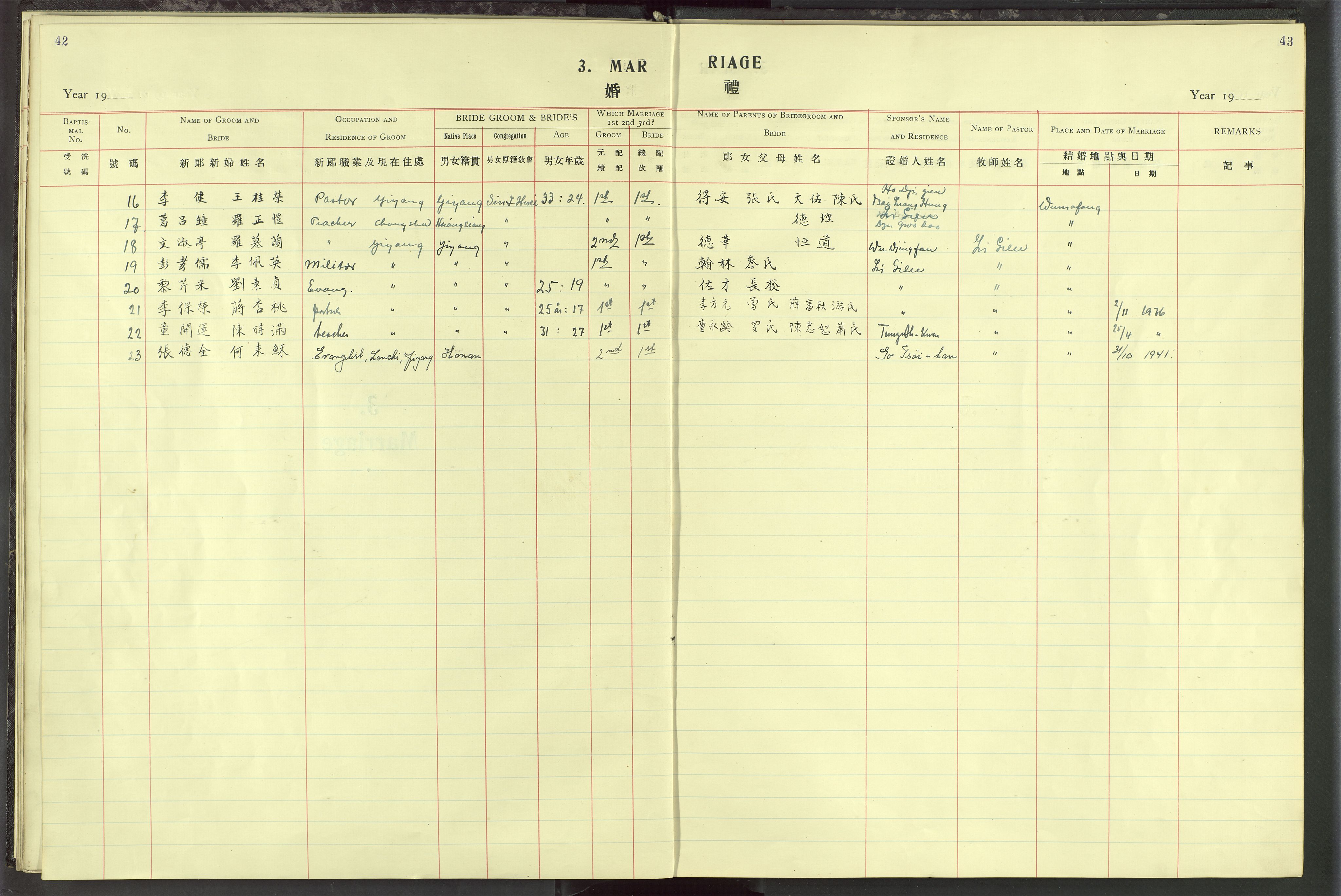 Det Norske Misjonsselskap - utland - Kina (Hunan), VID/MA-A-1065/Dm/L0019: Parish register (official) no. 57, 1920-1949, p. 42-43
