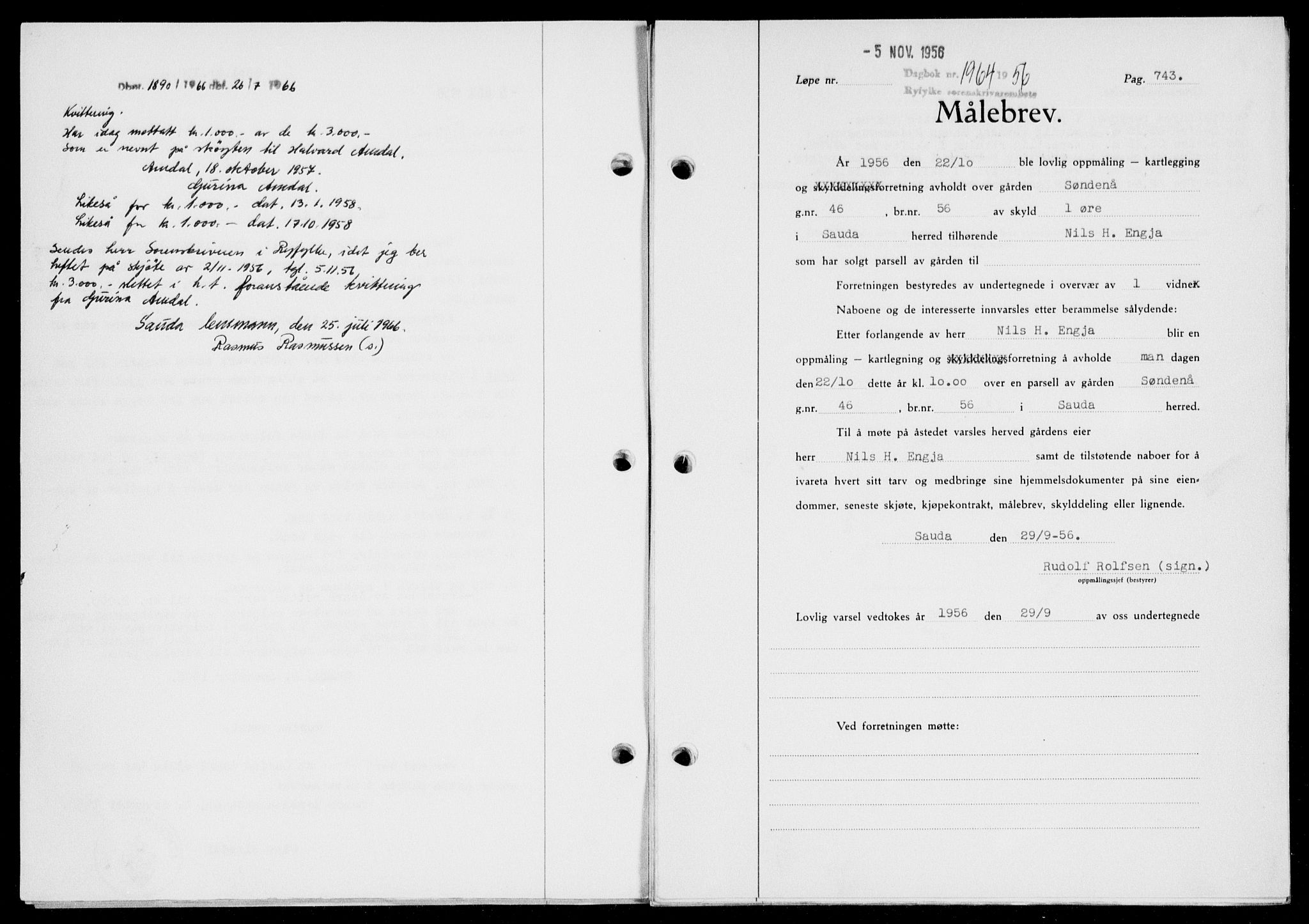 Ryfylke tingrett, AV/SAST-A-100055/001/II/IIB/L0135: Mortgage book no. 114, 1956-1957, Diary no: : 1964/1956