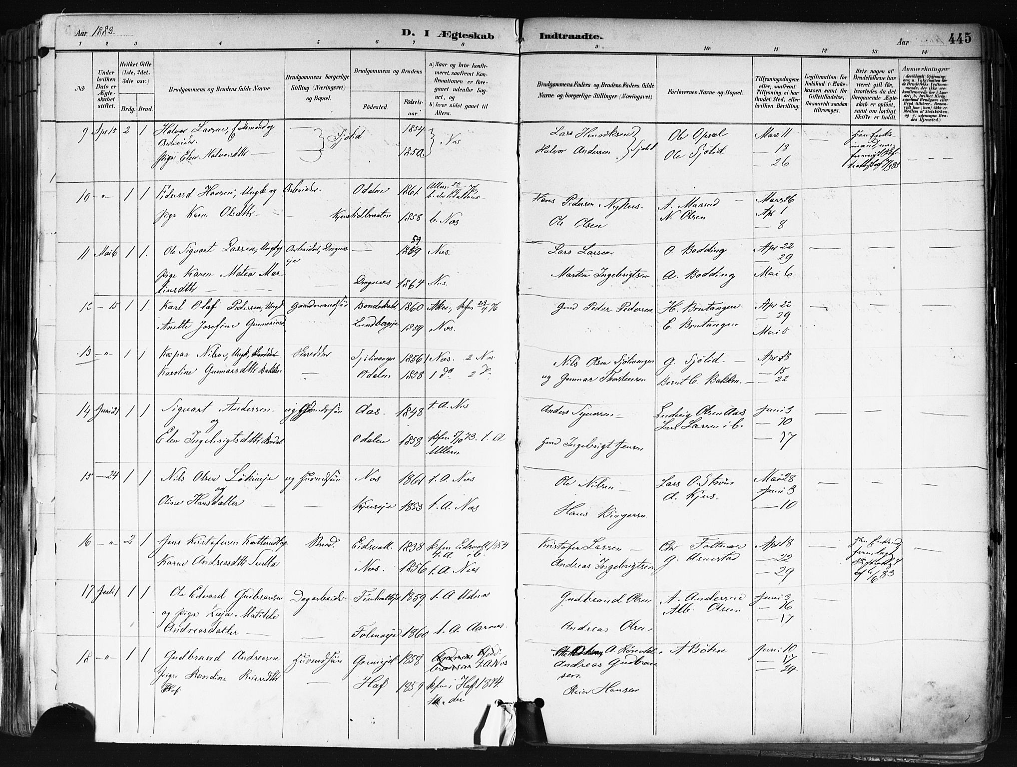 Nes prestekontor Kirkebøker, AV/SAO-A-10410/F/Fa/L0010: Parish register (official) no. I 10, 1883-1898, p. 445