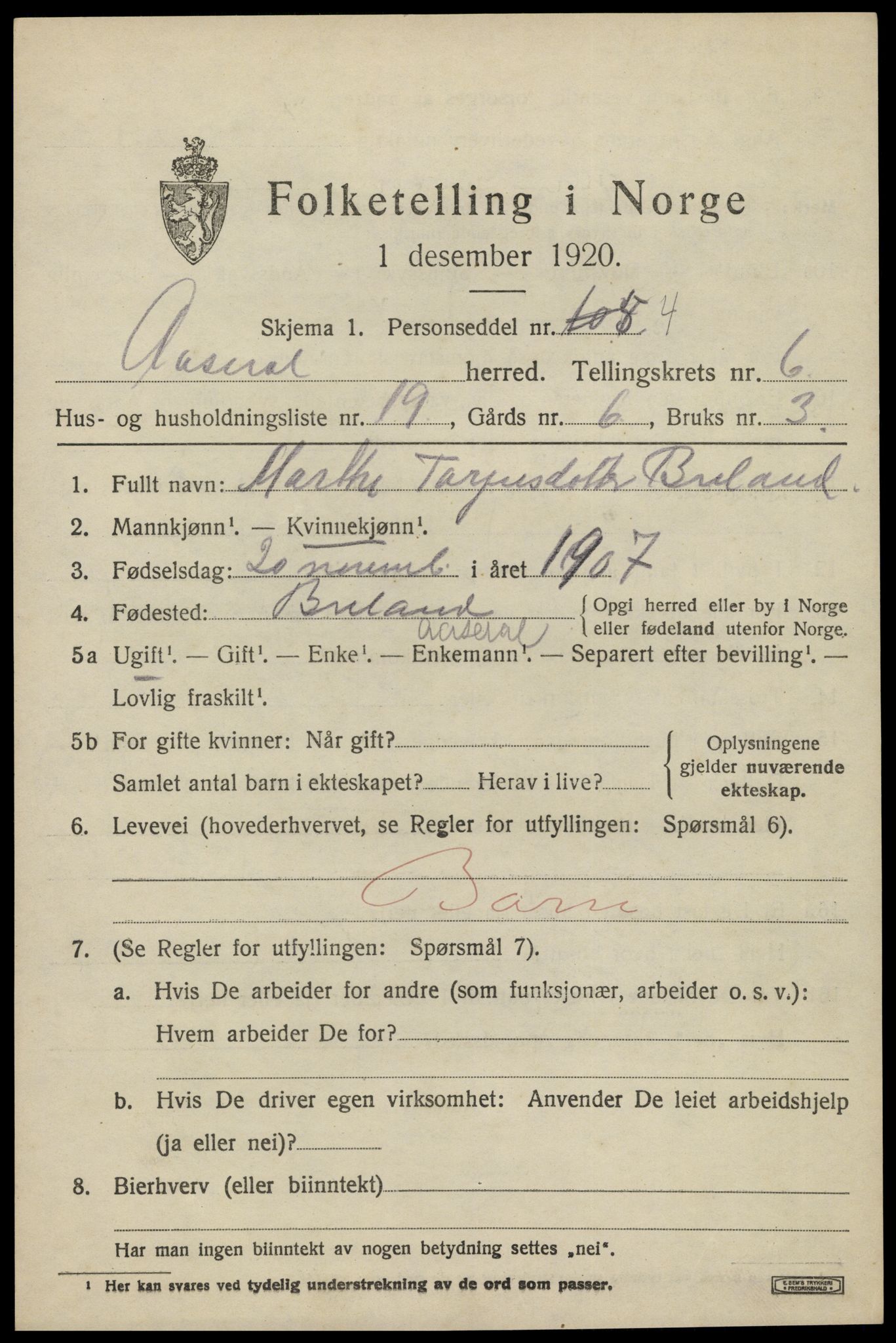 SAK, 1920 census for Åseral, 1920, p. 2006