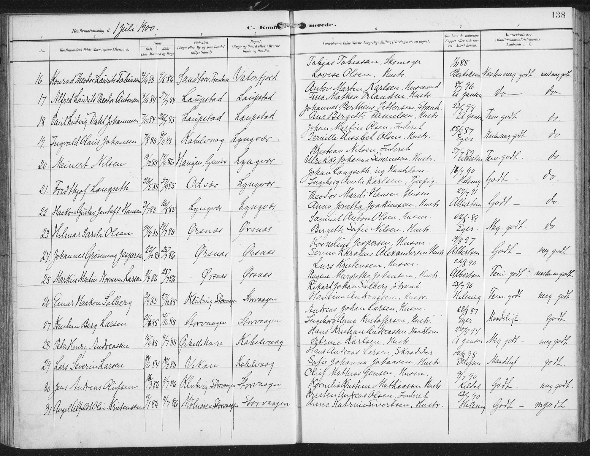 Ministerialprotokoller, klokkerbøker og fødselsregistre - Nordland, AV/SAT-A-1459/874/L1062: Parish register (official) no. 874A06, 1899-1907, p. 138