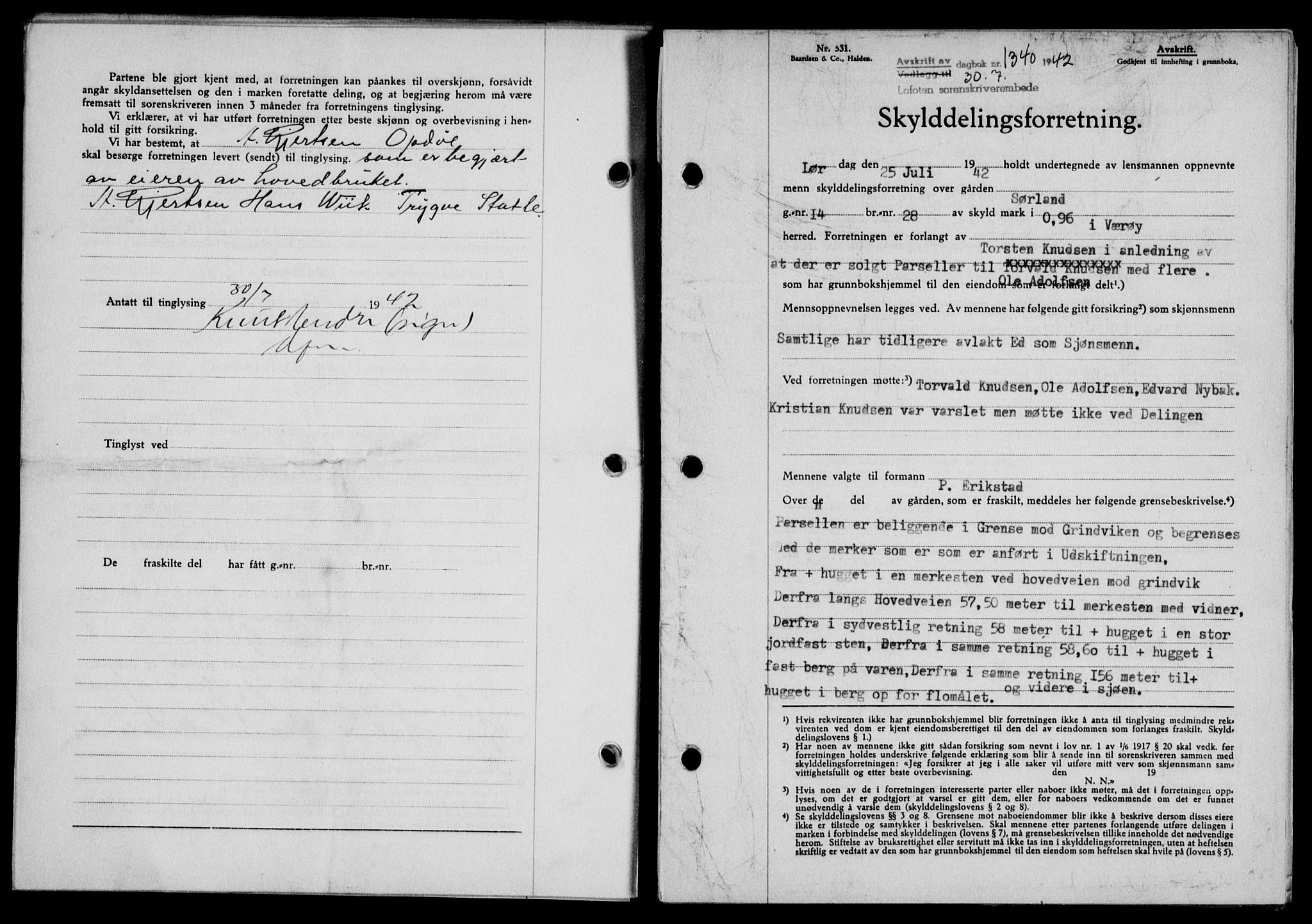 Lofoten sorenskriveri, SAT/A-0017/1/2/2C/L0010a: Mortgage book no. 10a, 1942-1943, Diary no: : 1340/1942