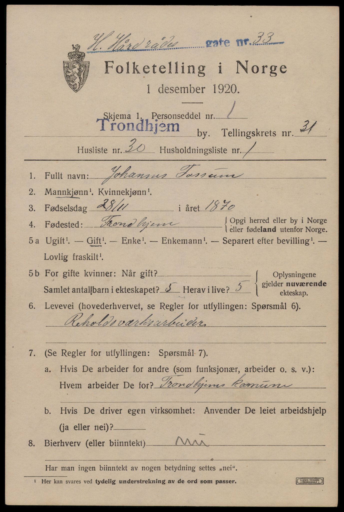 SAT, 1920 census for Trondheim, 1920, p. 77148