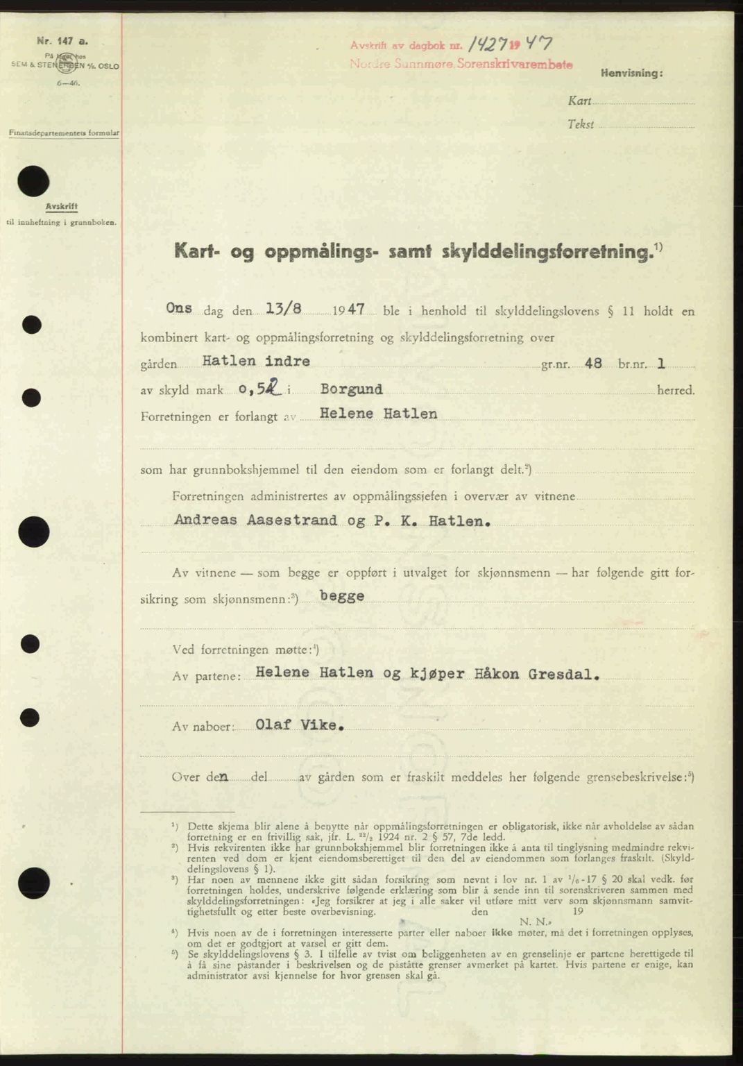 Nordre Sunnmøre sorenskriveri, AV/SAT-A-0006/1/2/2C/2Ca: Mortgage book no. A25, 1947-1947, Diary no: : 1427/1947