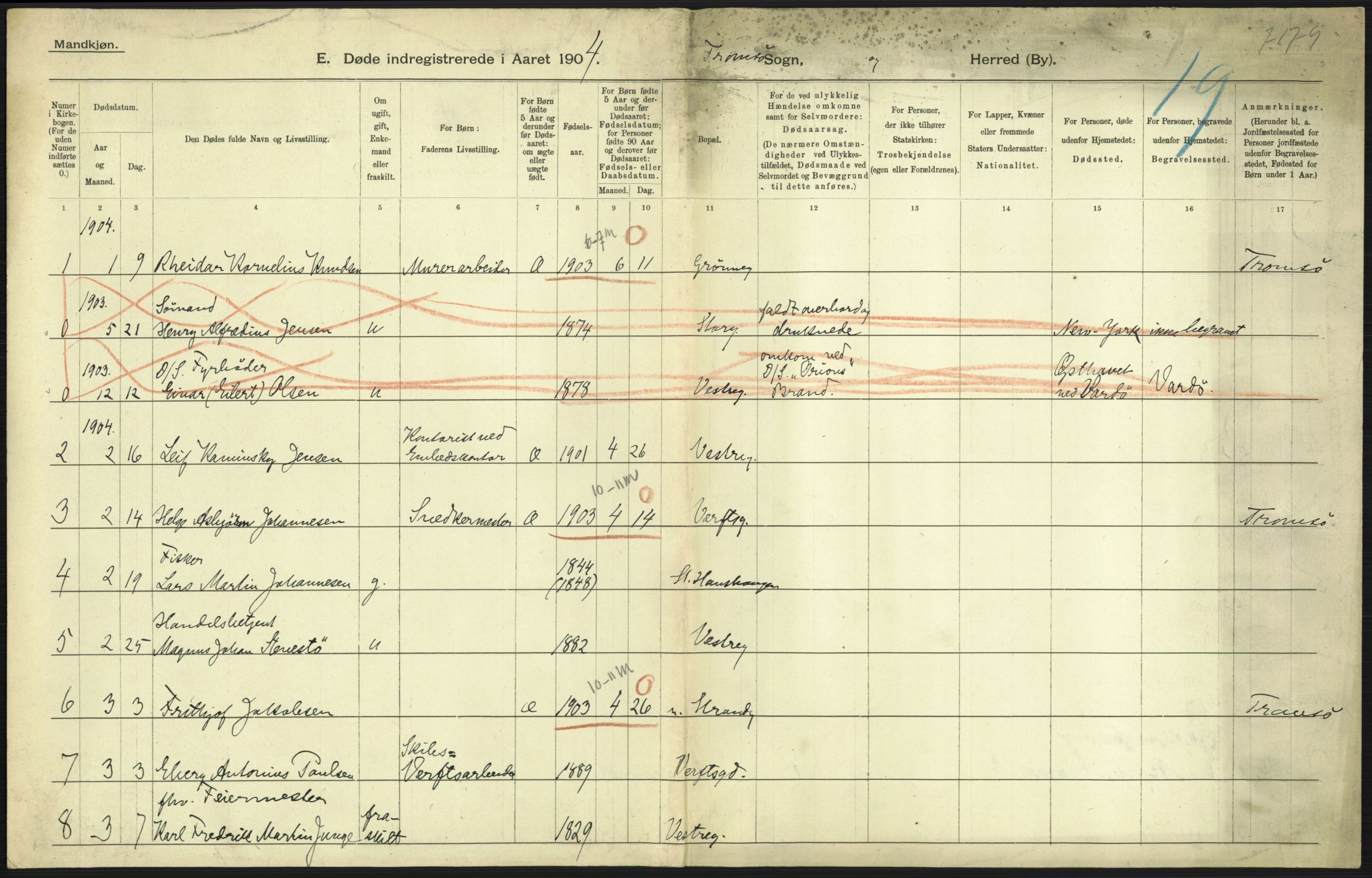 Statistisk sentralbyrå, Sosiodemografiske emner, Befolkning, RA/S-2228/D/Df/Dfa/Dfab/L0022: Tromsø amt: Fødte, gifte, døde, 1904, p. 523