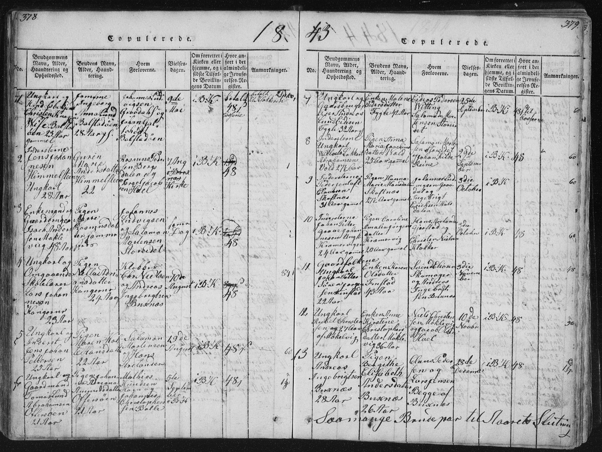 Ministerialprotokoller, klokkerbøker og fødselsregistre - Nordland, SAT/A-1459/881/L1164: Parish register (copy) no. 881C01, 1818-1853, p. 378-379