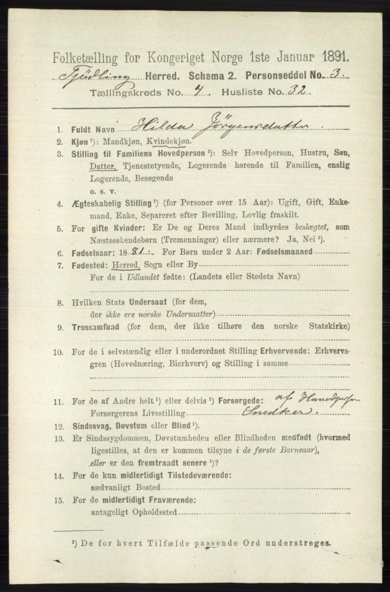RA, 1891 census for 0725 Tjølling, 1891, p. 1629