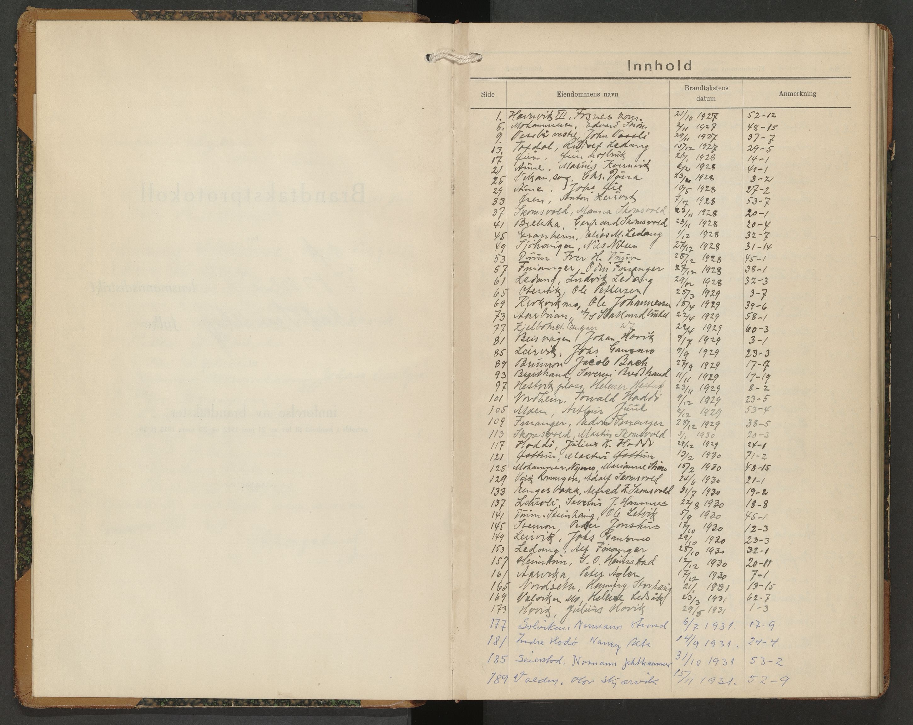 Norges Brannkasse Fosnes, AV/SAT-A-5595/Fb/L0005: Branntakstprotokoll, 1927-1939