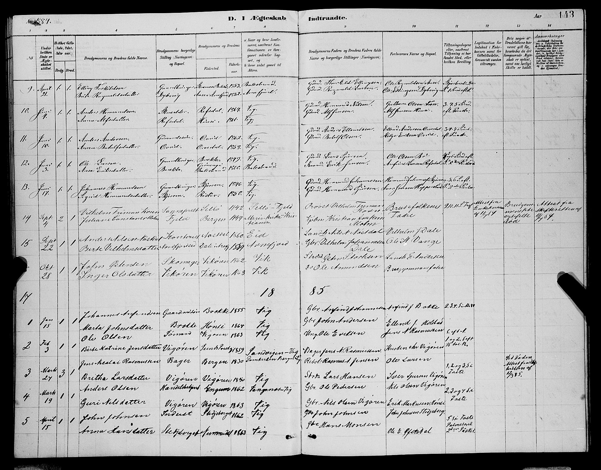 Vik sokneprestembete, SAB/A-81501: Parish register (copy) no. A 3, 1878-1894, p. 143