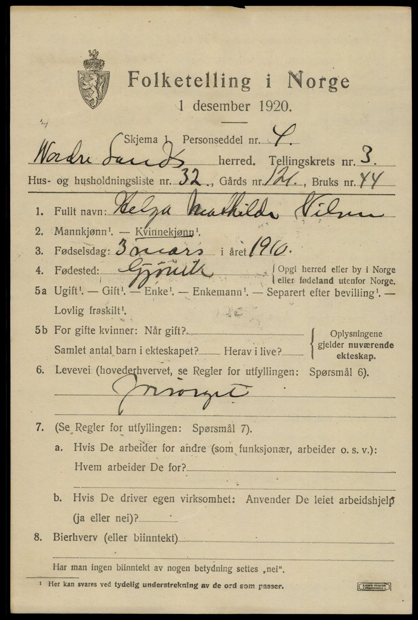 SAH, 1920 census for Nordre Land, 1920, p. 2650