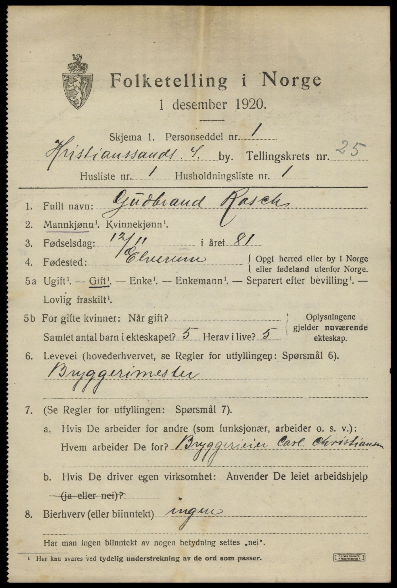 SAK, 1920 census for Kristiansand, 1920, p. 43633