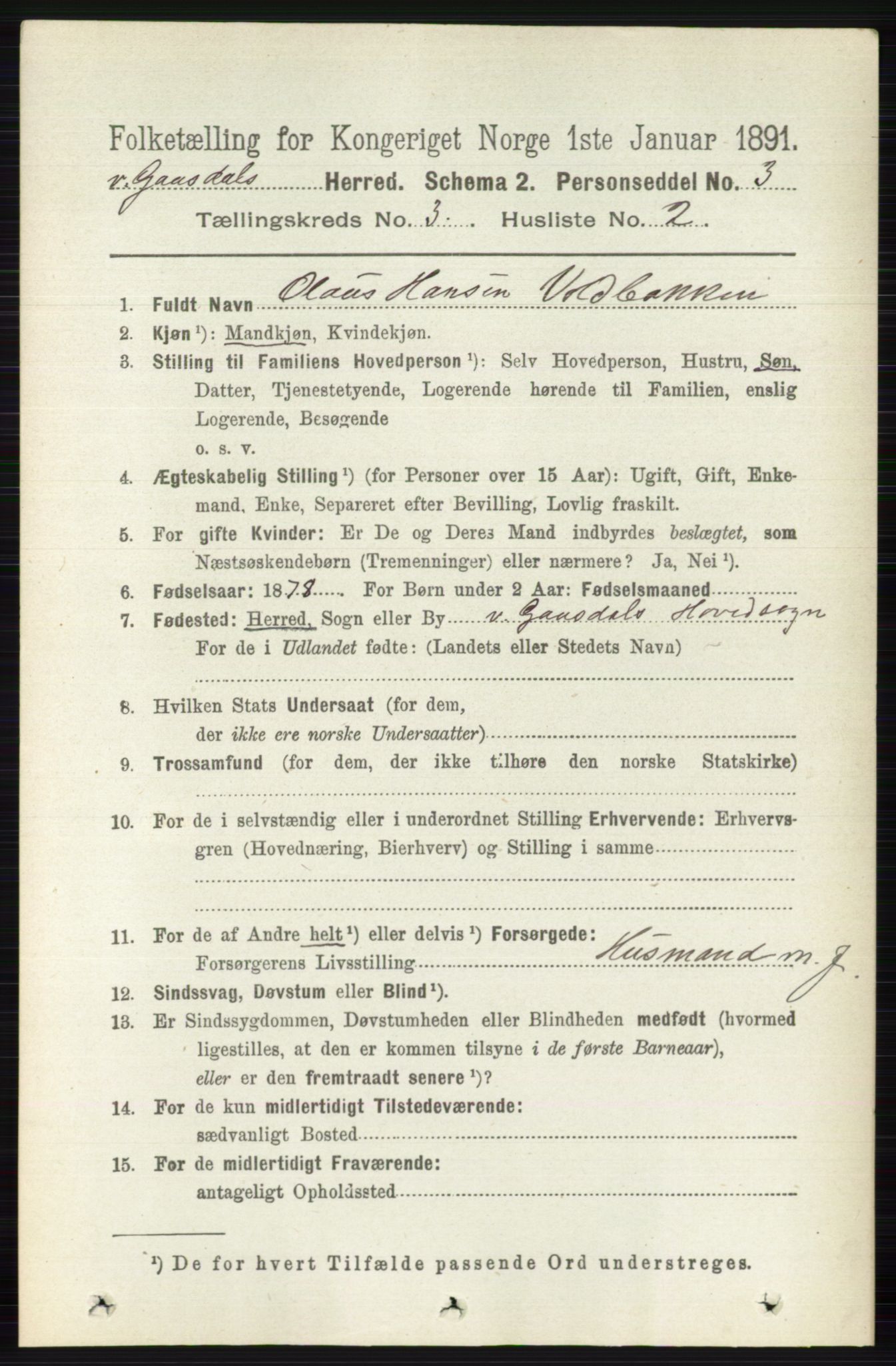 RA, 1891 census for 0523 Vestre Gausdal, 1891, p. 1258