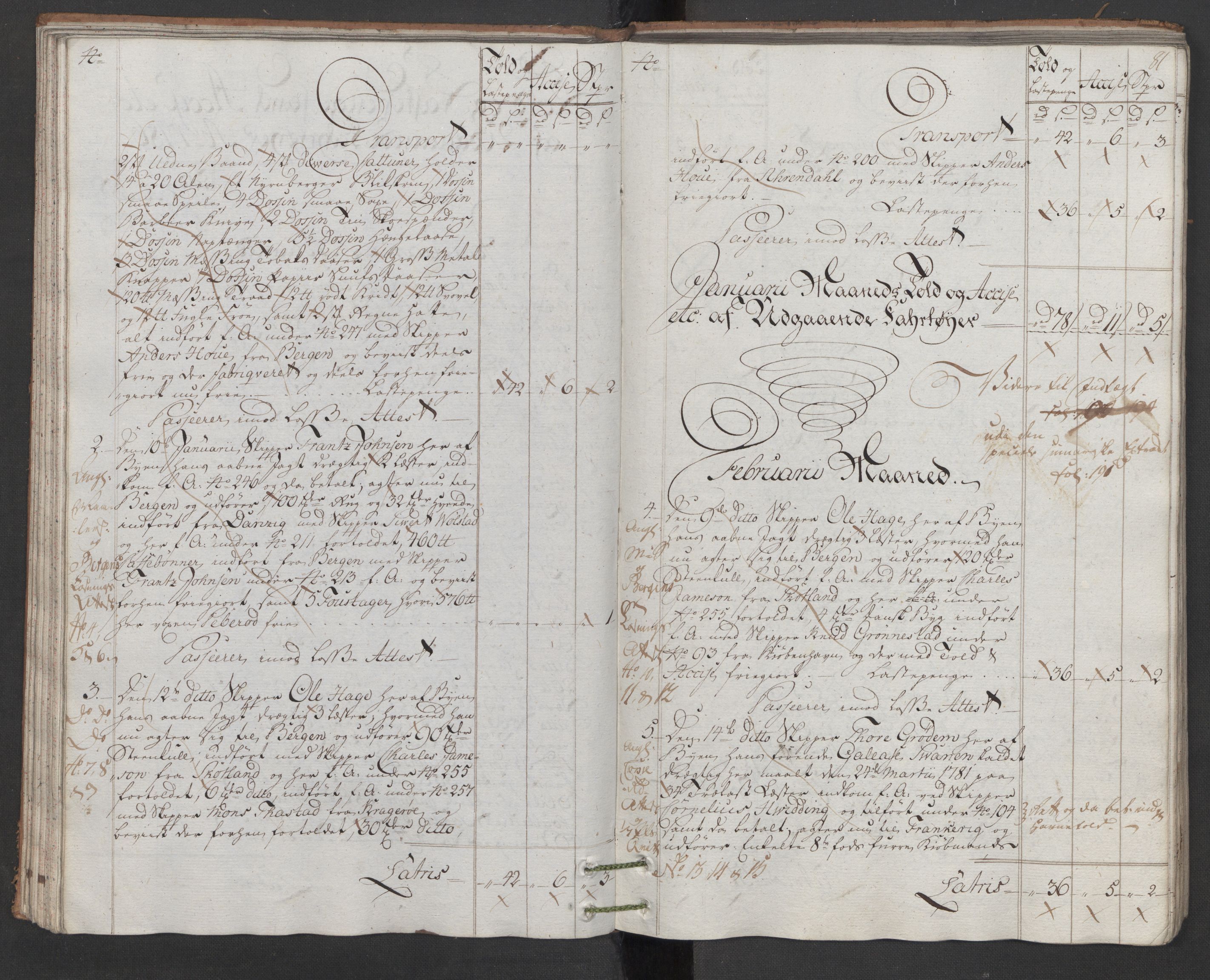 Generaltollkammeret, tollregnskaper, AV/RA-EA-5490/R22/L0048/0001: Tollregnskaper Stavanger / Hovedtollbok, 1786, p. 80b-81a