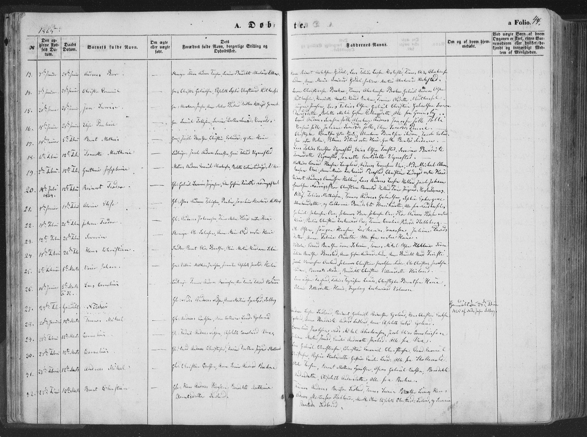 Lista sokneprestkontor, AV/SAK-1111-0027/F/Fa/L0011: Parish register (official) no. A 11, 1861-1878, p. 44