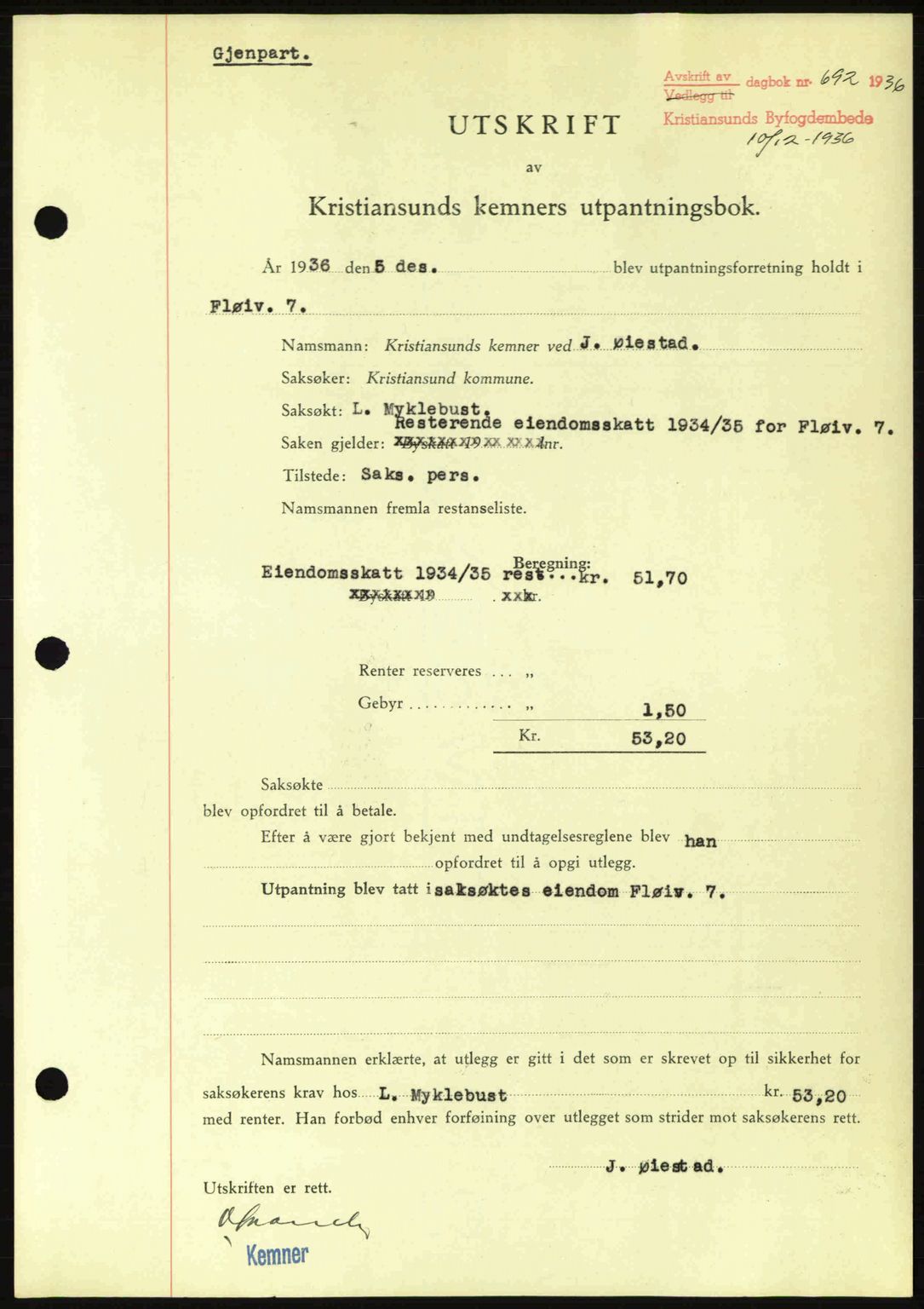 Kristiansund byfogd, AV/SAT-A-4587/A/27: Mortgage book no. 29, 1936-1937, Diary no: : 692/1936