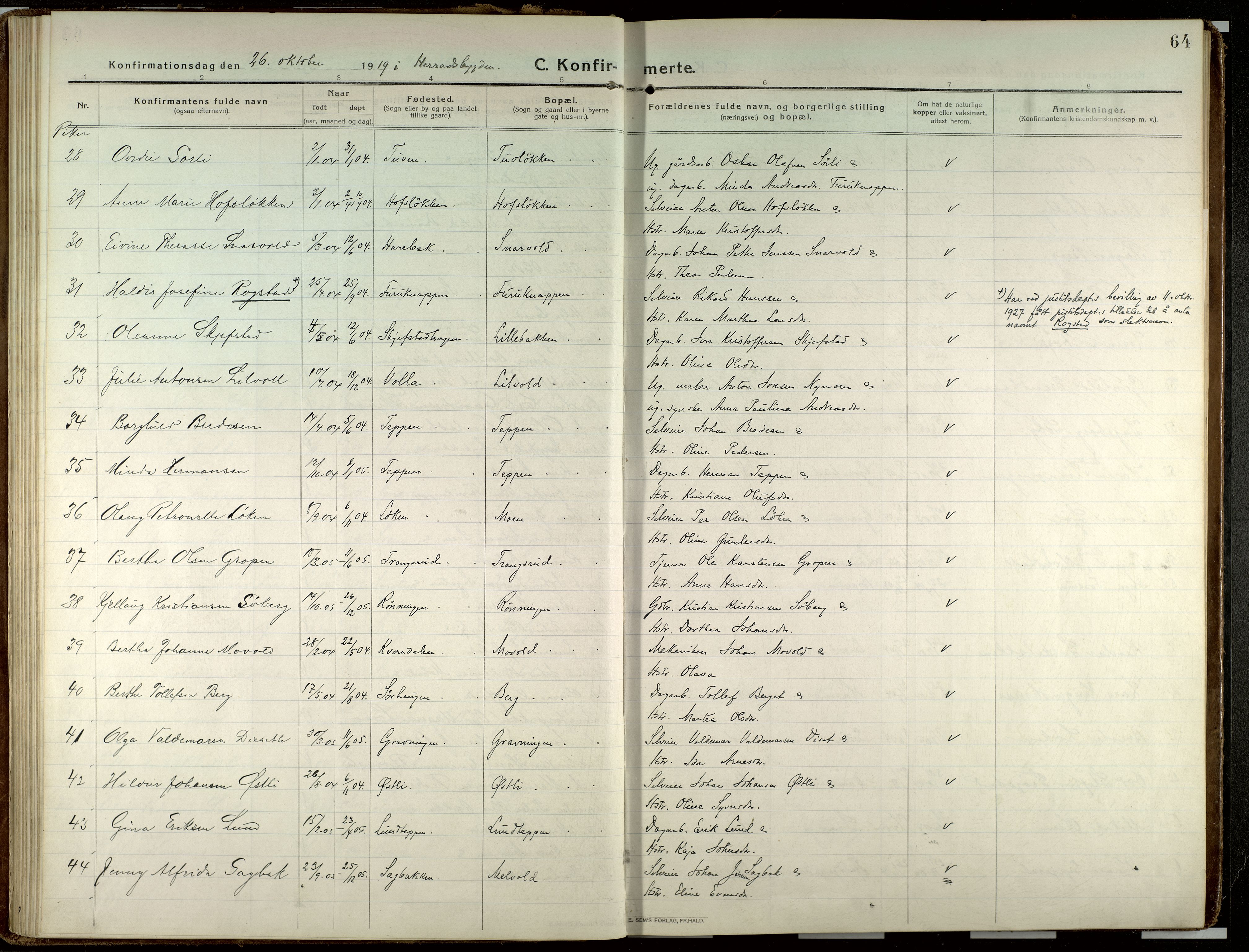 Elverum prestekontor, AV/SAH-PREST-044/H/Ha/Haa/L0023: Parish register (official) no. 23, 1914-1929, p. 64