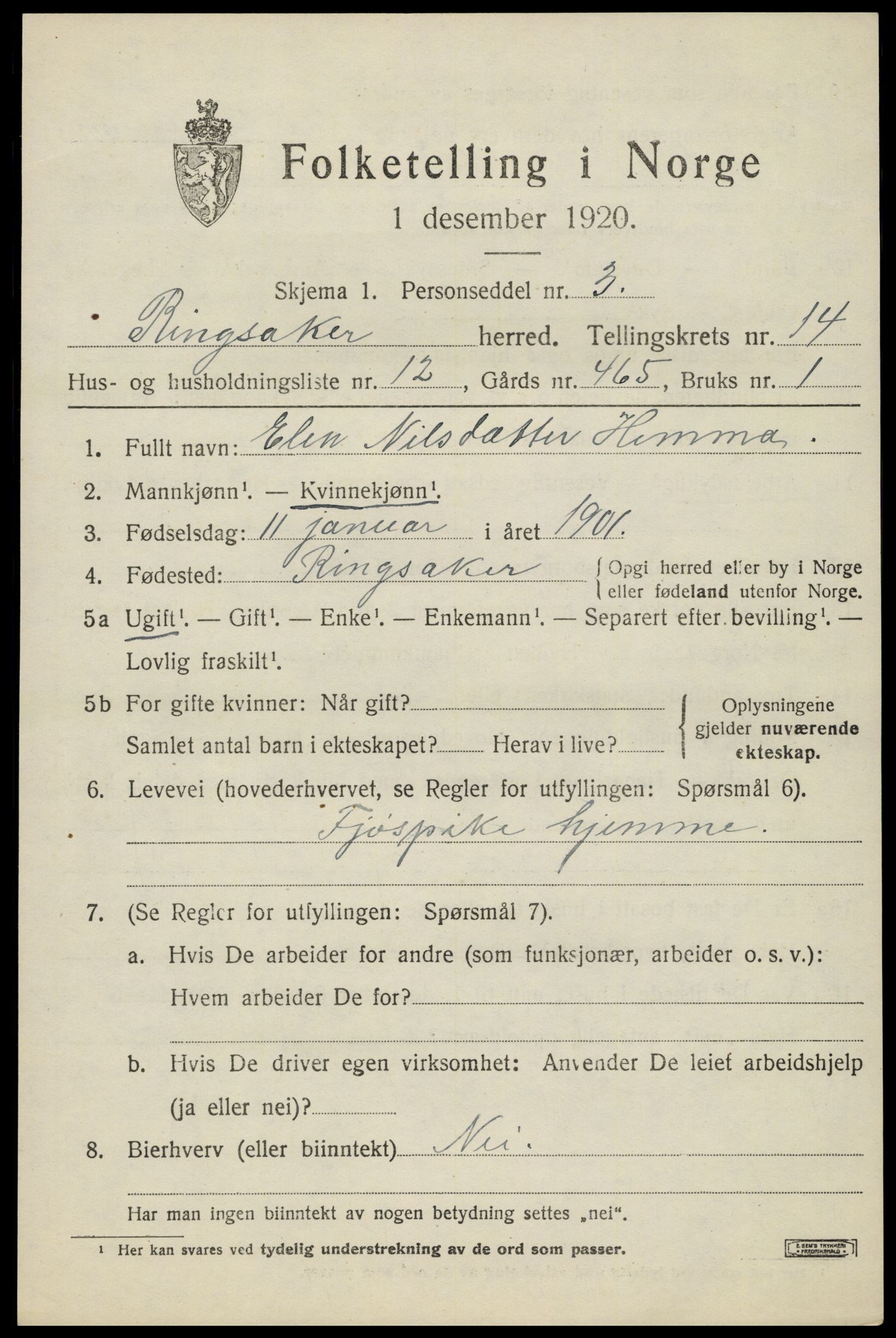 SAH, 1920 census for Ringsaker, 1920, p. 21698