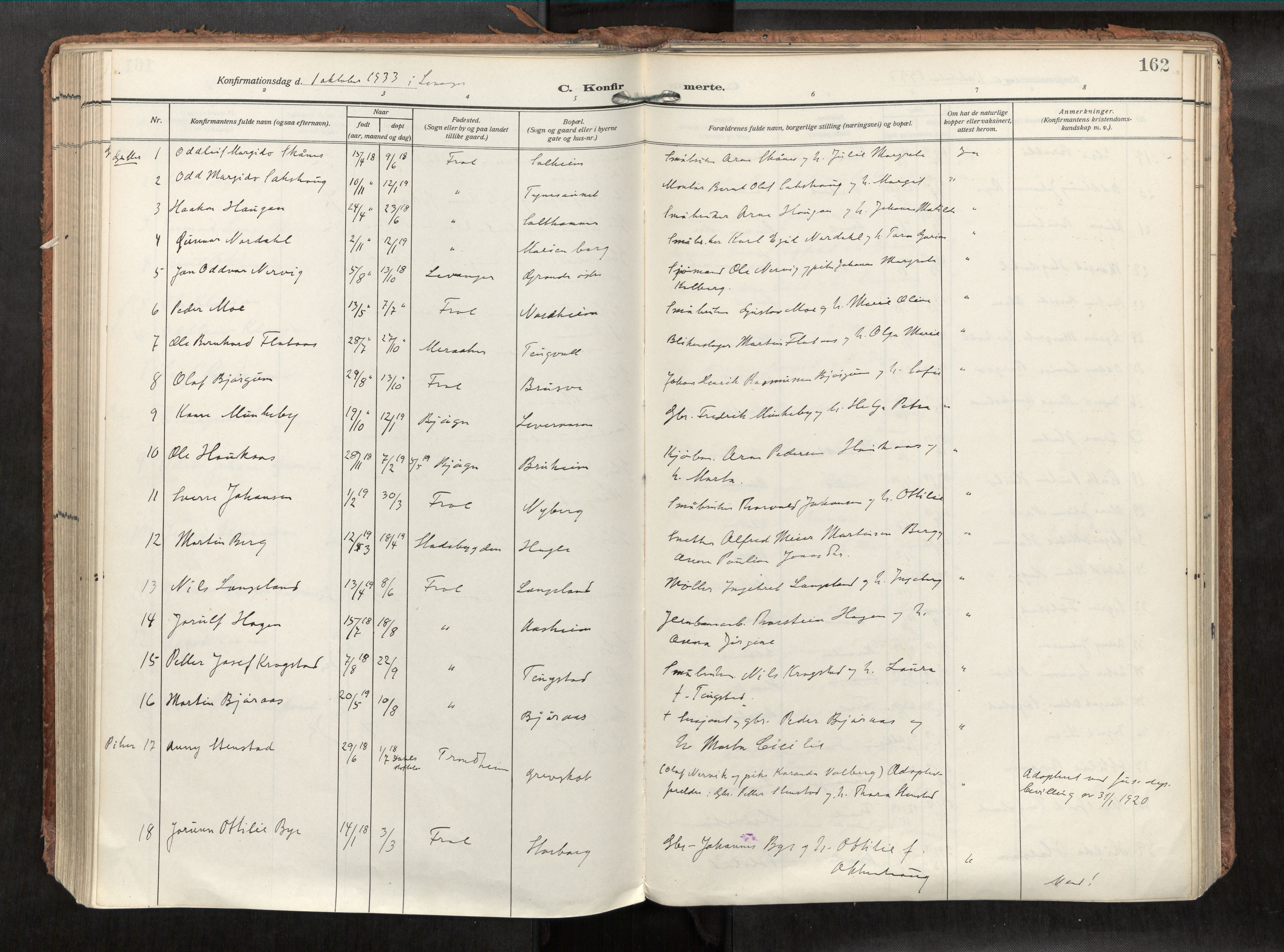 Levanger sokneprestkontor, SAT/A-1301/2/H/Haa/L0002: Parish register (official) no. 2, 1912-1935, p. 162